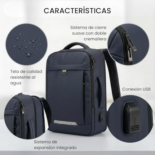 Detalle de EDIESI Mochila de Cabina 40x30x20 cm: Expandible, impermeable y con puerto USB para portátil 15,6” — Azul Marino