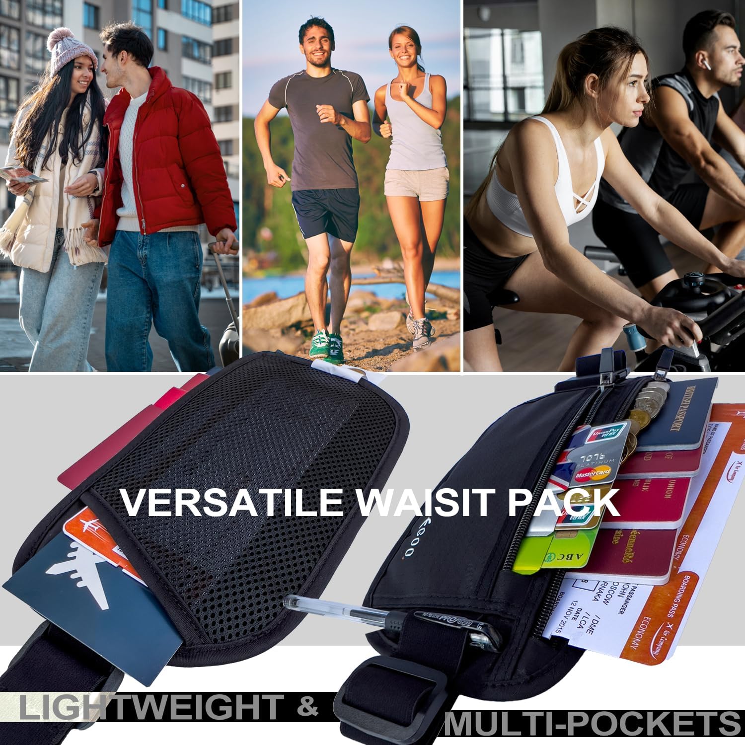 Detalle 2 de EGOO Ultralight RFID Money Belt with Adjustable Elastic Strap (Black) + 3 RFID Card Sleeves