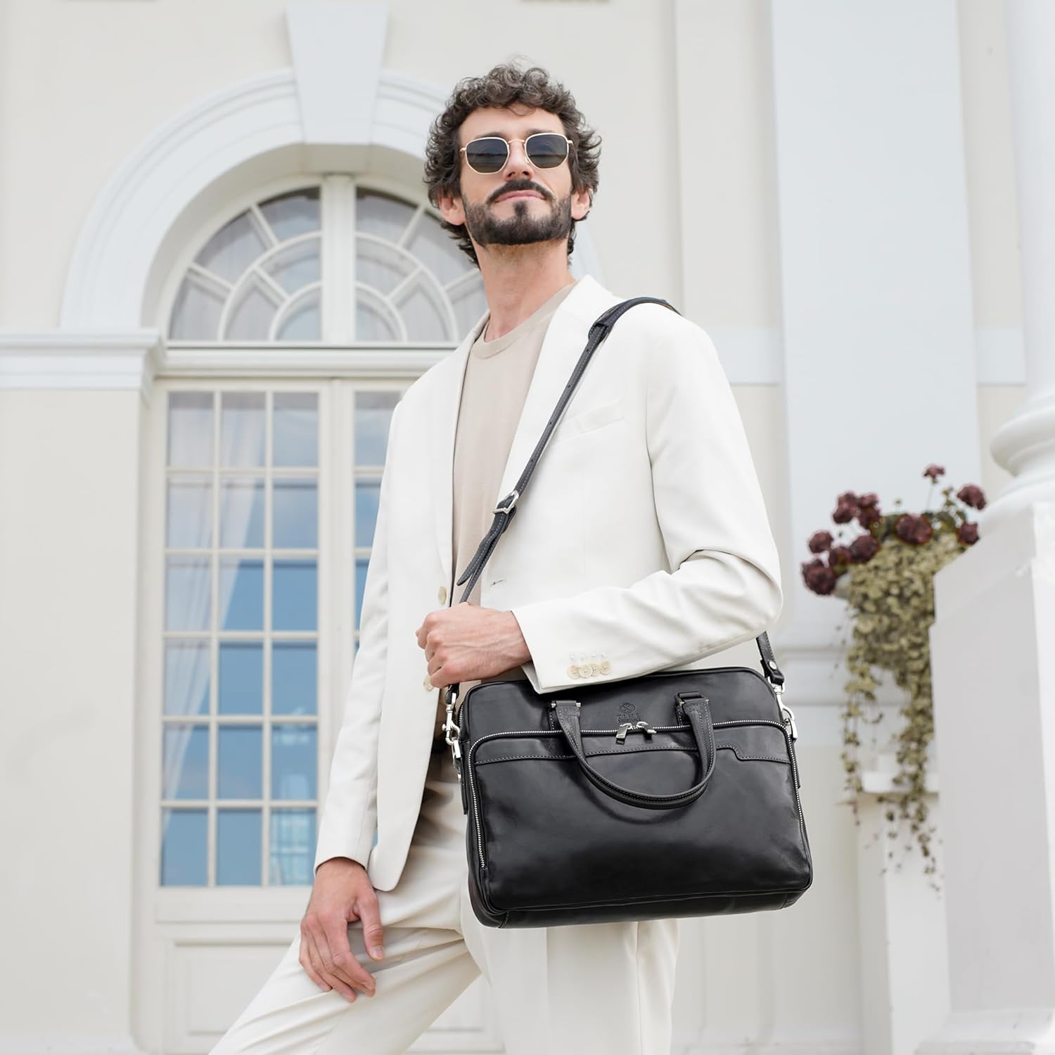 Thumbnail 2 de Time Resistance Leather Laptop Bag – 13 Inch Case with Shoulder Strap (Black)