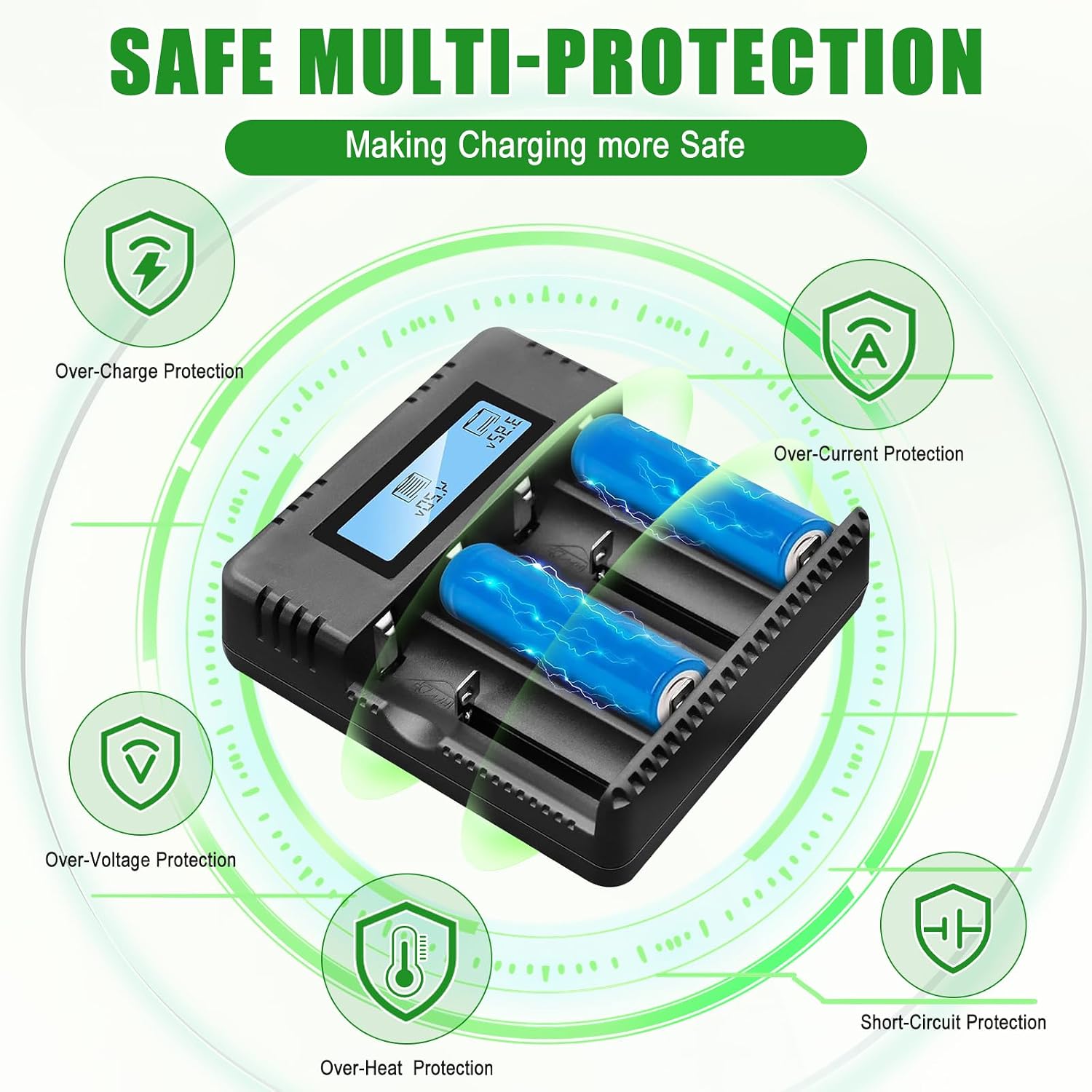 Detalle de Wowfast 18650 Caricabatterie: 4 slot, LCD, ricarica rapida e sicura per batterie agli ioni di litio 3,7V