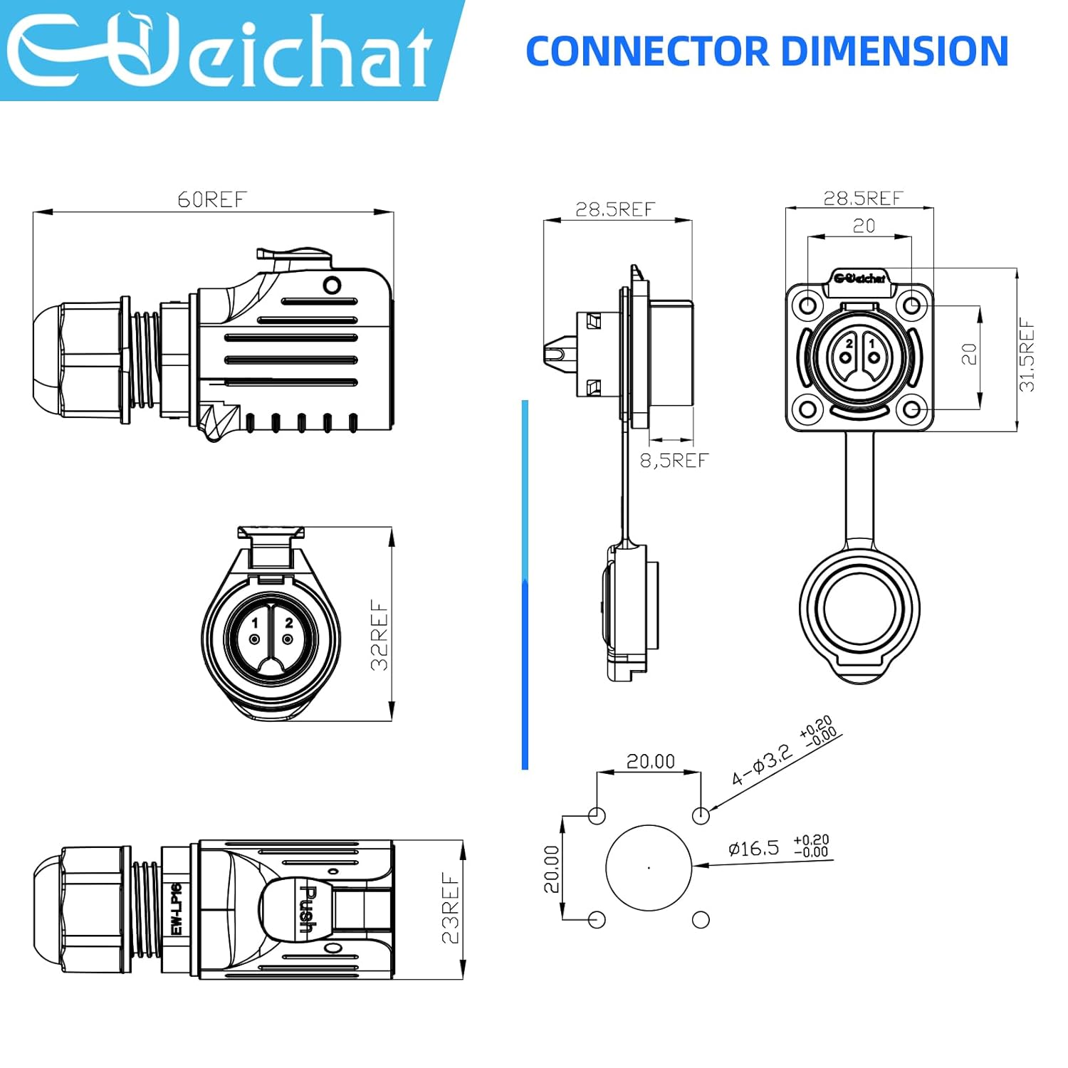 Detalle de E-WeiChat EW-LP16 Industrial IP68 Quick-Connect Connector (4 Pin) with PBT Shell
