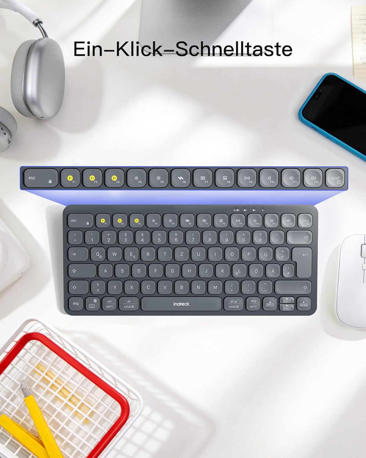 Detalle 2 de Inateck KB107: Kabellose Bluetooth-Tastatur mit 3-Geräte-Switch, ultradünn und ergonomisch