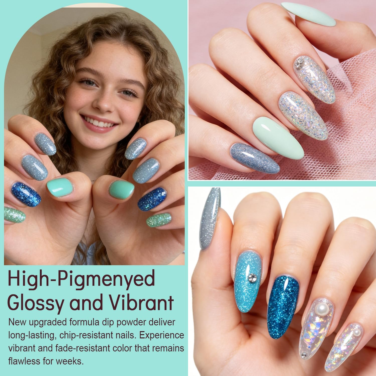 Thumbnail 6 de 15 Pcs Dip Powder Nail Kit Summer Outing Manicur Set – Icy Blue, Mint Green & Silver Glitter