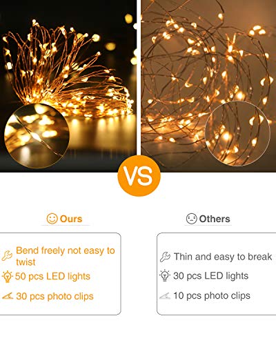 Detalle de Kolpop 50LED Photo Clip String Lights, 5M – Battery-Powered Copper Wire Fairy Lights with 30 Clips for Indoor Decor