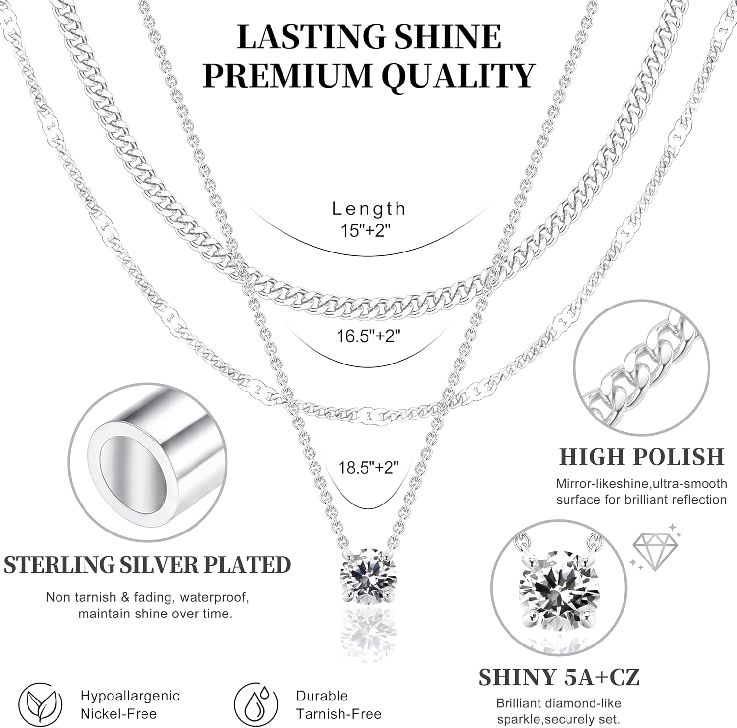 Thumbnail 6 de WomenGifts Layered Necklace Set with Cuban Choker and CZ Pendant