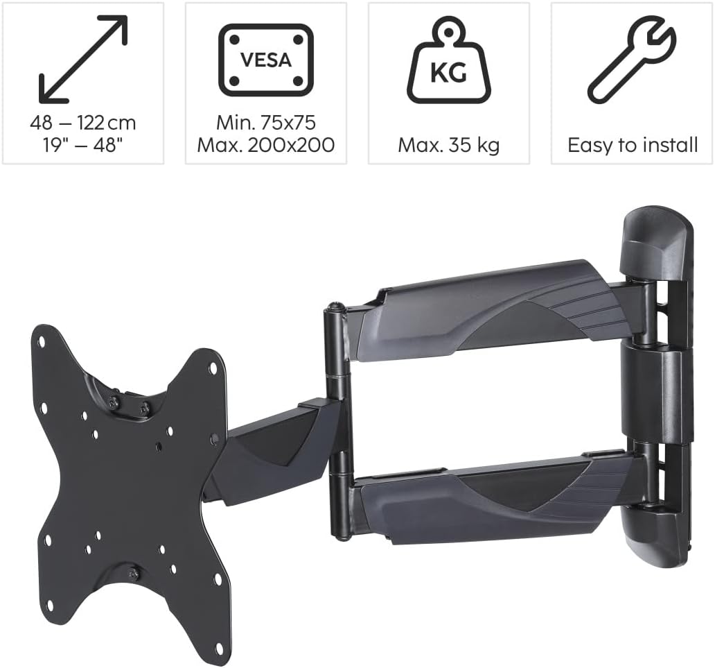 Thumbnail 2 de Hama TV-Wandhalterung schwenkbar, neigbar & ausziehbar (19–48 Zoll, VESA 75×75 bis 200×200, bis 35 kg) schwarz