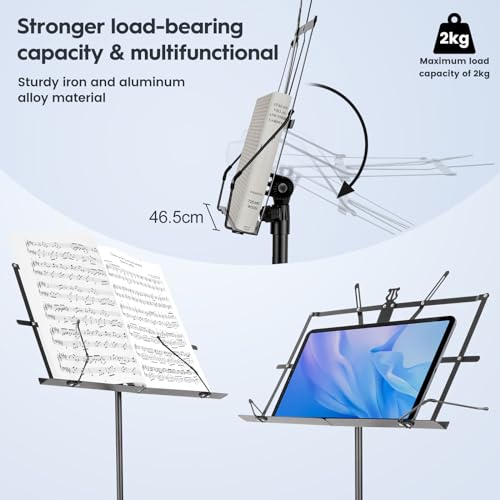 Detalle de New Bee Music Stand – Portable, Adjustable Sheet Music Stand with Carry Bag (Black)