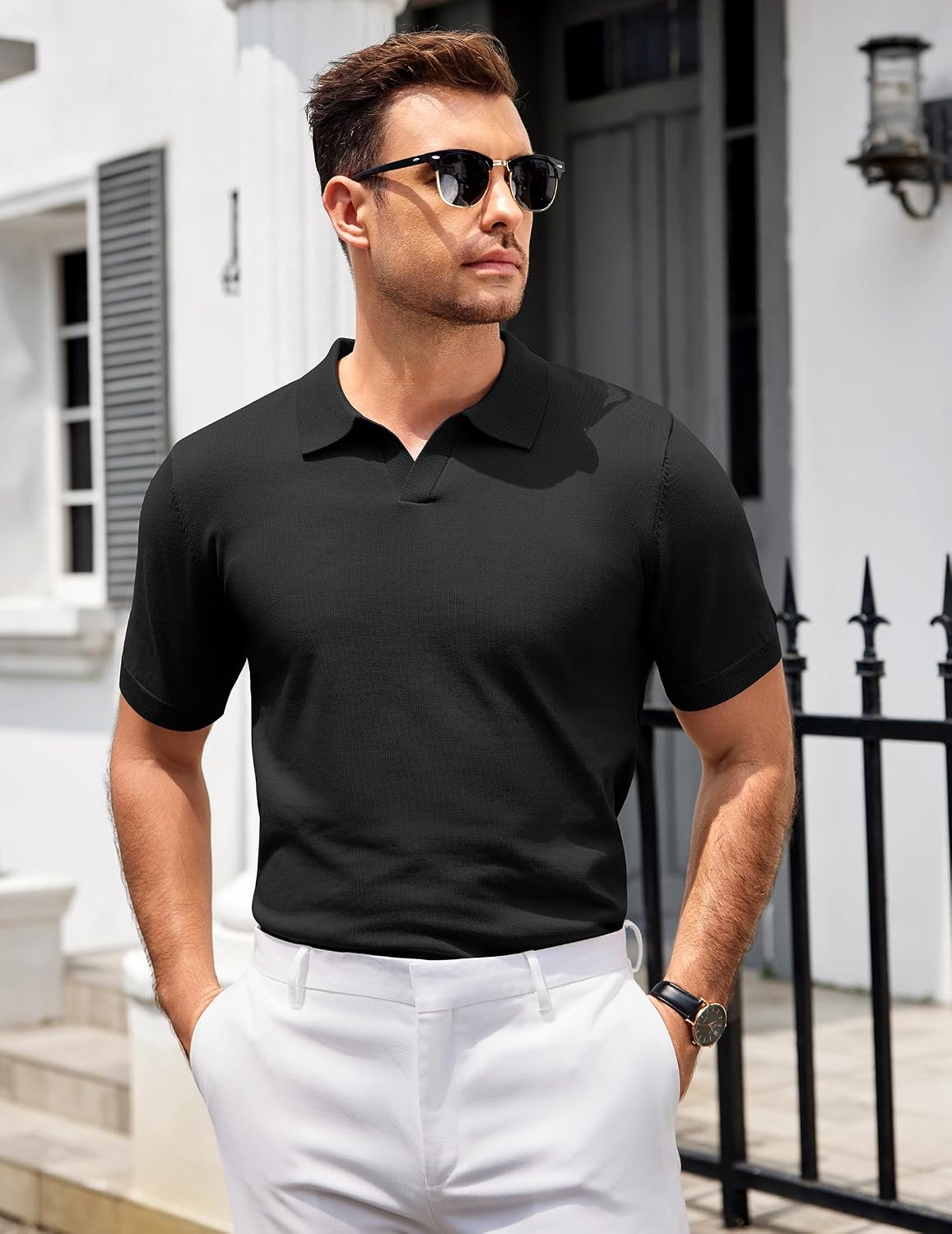 Detalle de COOFANDY Men's V Neck Short Sleeve Stretch Knit Polo Shirt