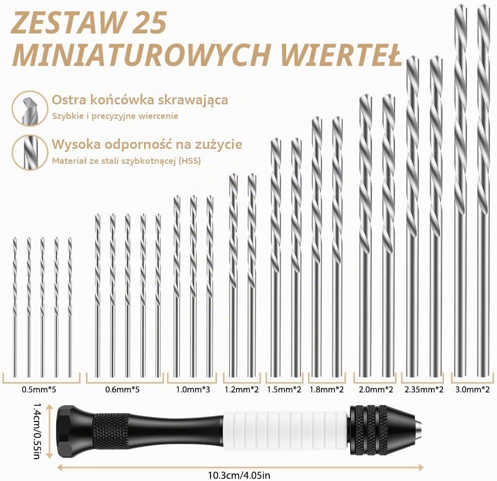 Detalle de OSDUE P2-SZTZTM260429-FBA – ręczna wiertarka precyzyjna z 25 wiertłami HSS
