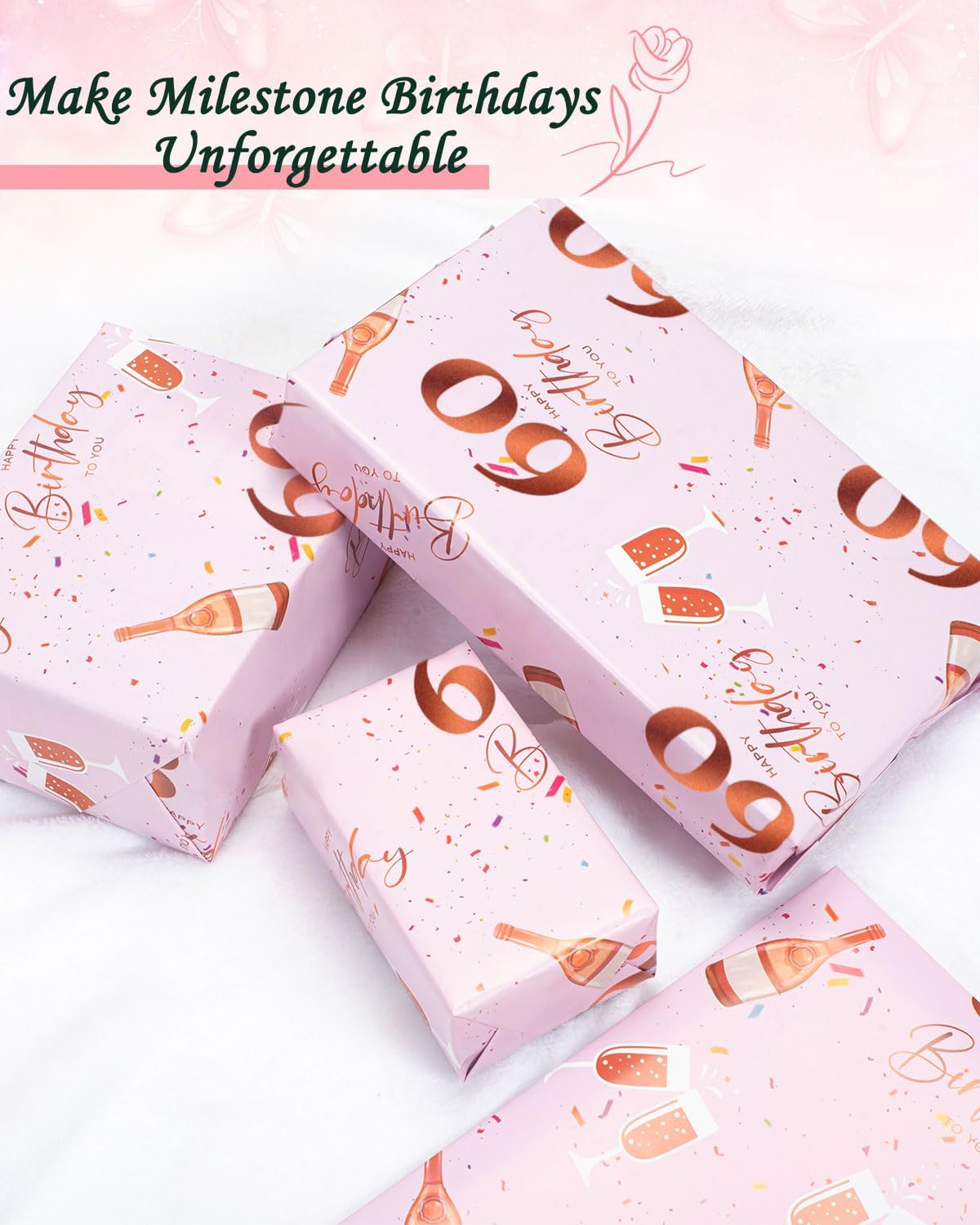 Thumbnail 4 de Vinuwu 6 Sheets 60th Birthday Wrapping Paper – Rose Gold Pink 70x50cm, Plastic Free & Recyclable