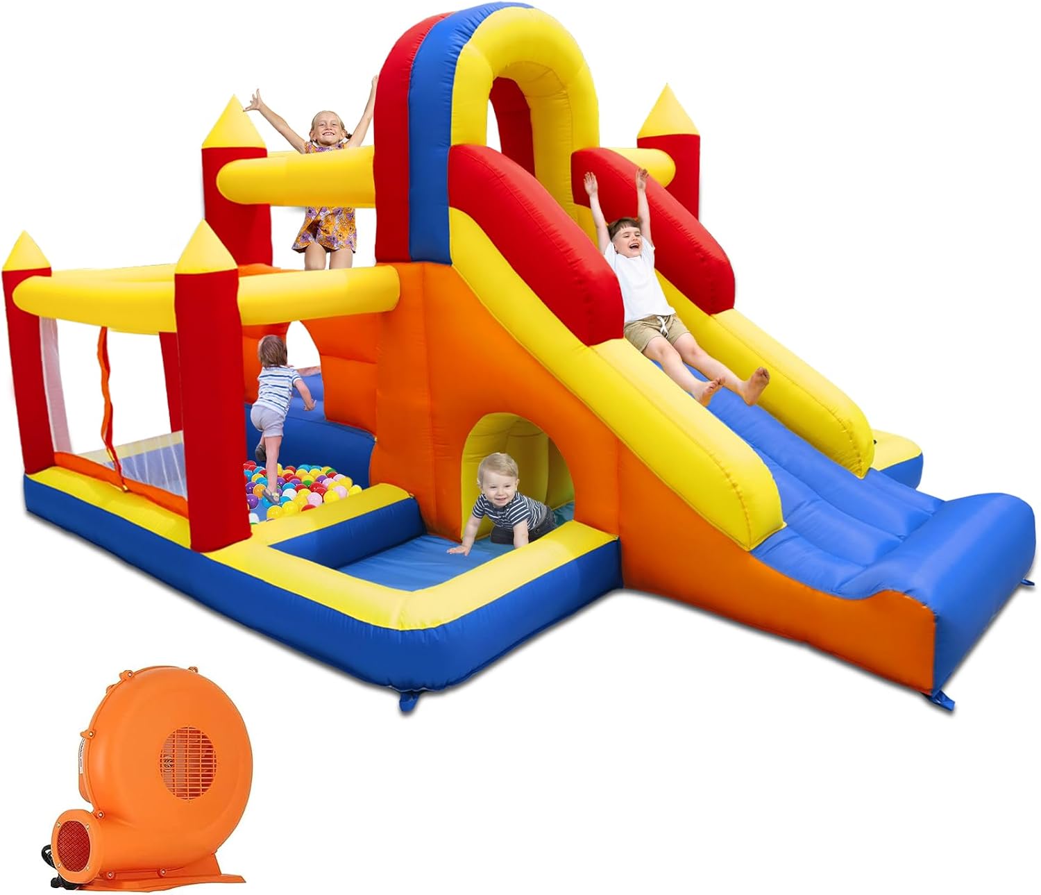 Ballsea Hüpfburg mit Gebläse – XXL-Kinderspielplatz mit Rutsche, Trampolin und Sicherheitsnetz (EN71, für 3–8 Jahre)