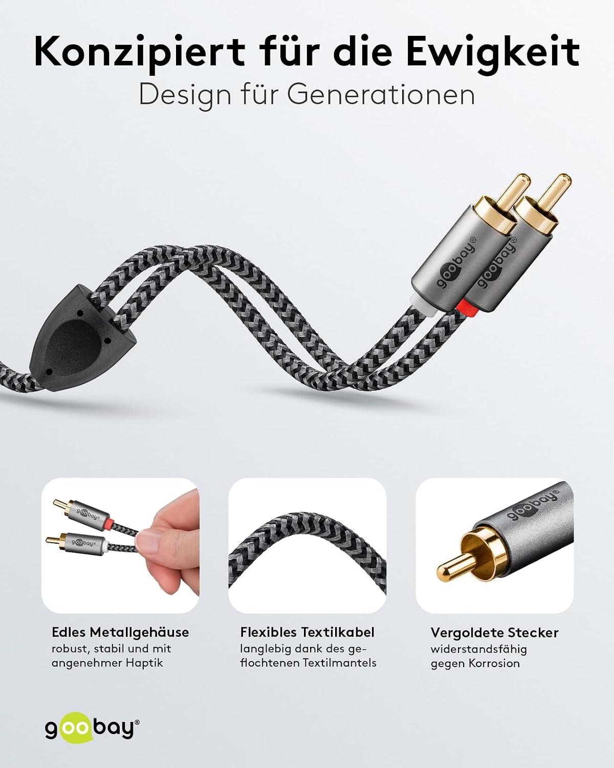 Thumbnail 2 de Goobay 65291 Stereo Cinchkabel 5 m – 2x Cinch-Stecker zu 2x Cinchstecker, RG0 Textilmantel, vergoldete Kontakte