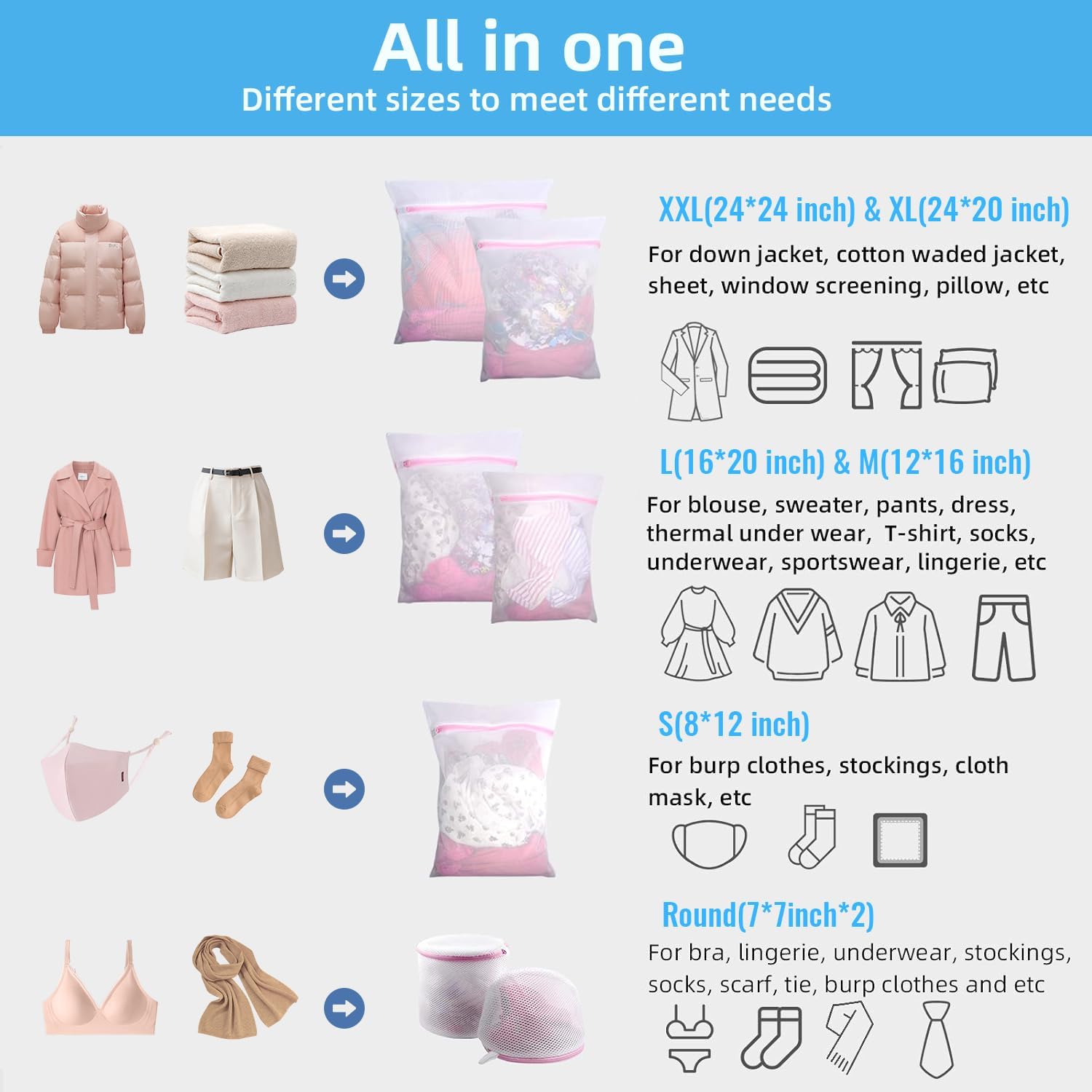 Thumbnail 3 de GOGOODA 7PCS Mesh Laundry Bags Set (XXL, XL, L, M, S, 2 Bra Bags) for Delicates