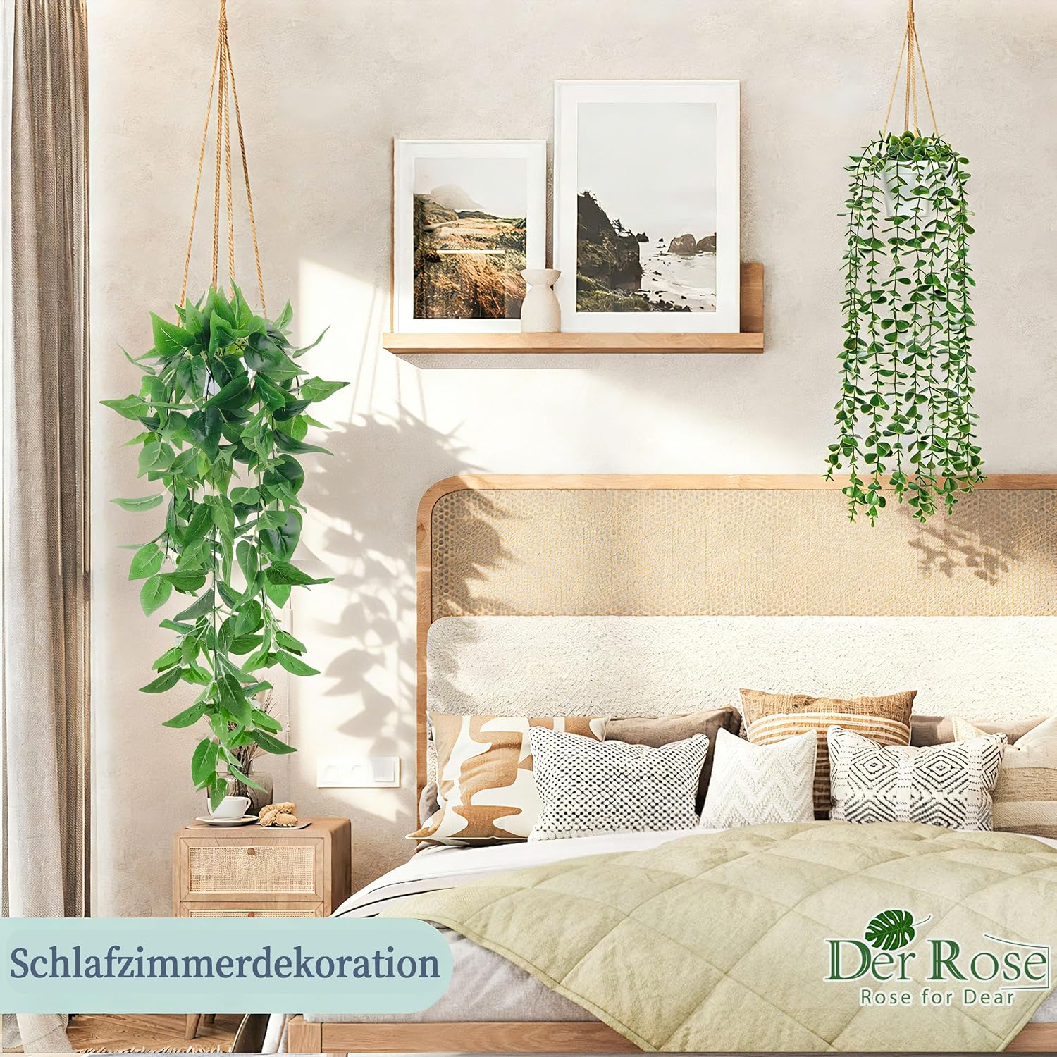 Detalle de 4er-Set künstliche Hängepflanzen – Eukalyptus, Boston-Farn, Perlenschnur & Pothos (Weiß)