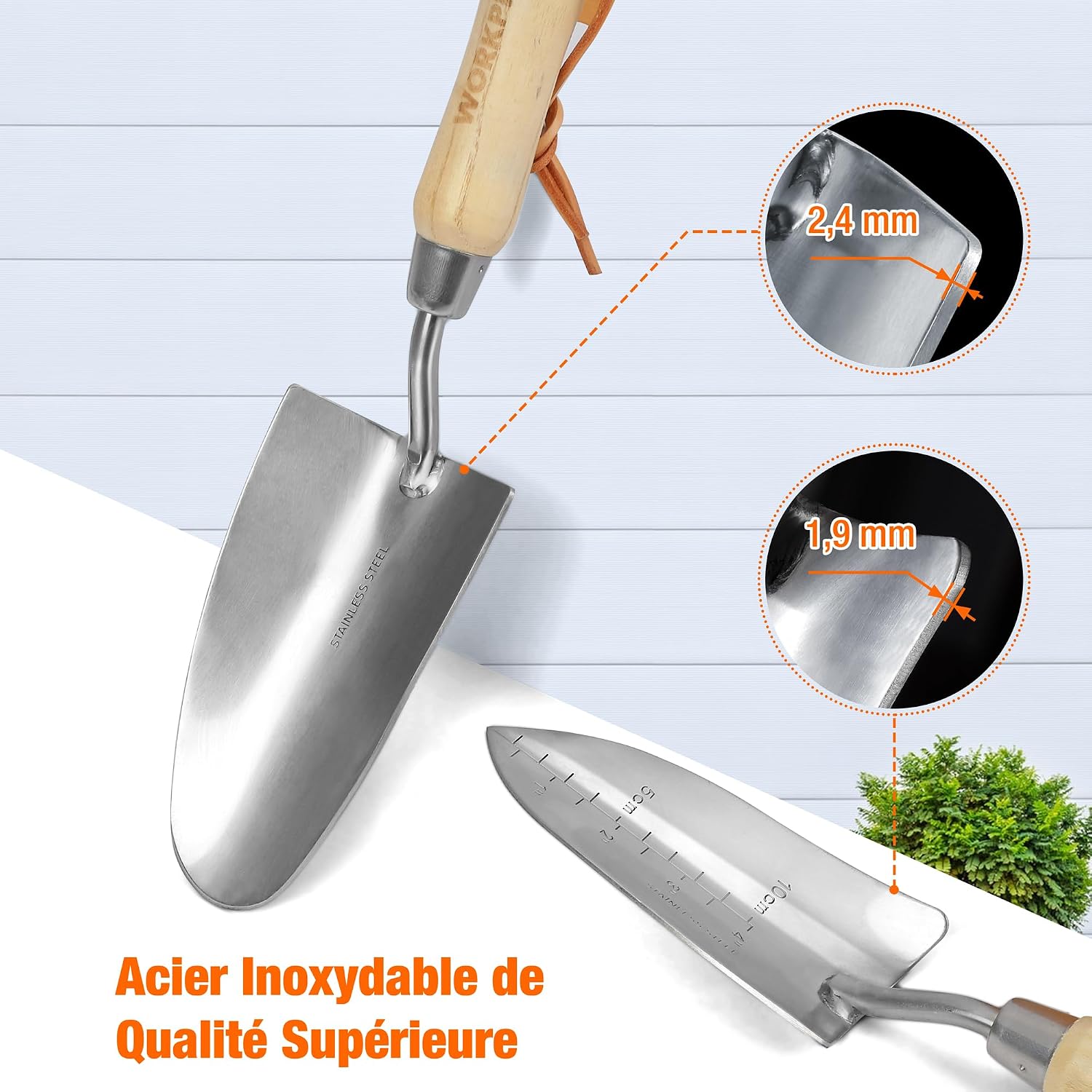 Detalle de WORKPRO Ensemble d'Outils de Jardinage 8 pièces – Acier inoxydable et poignée en bois