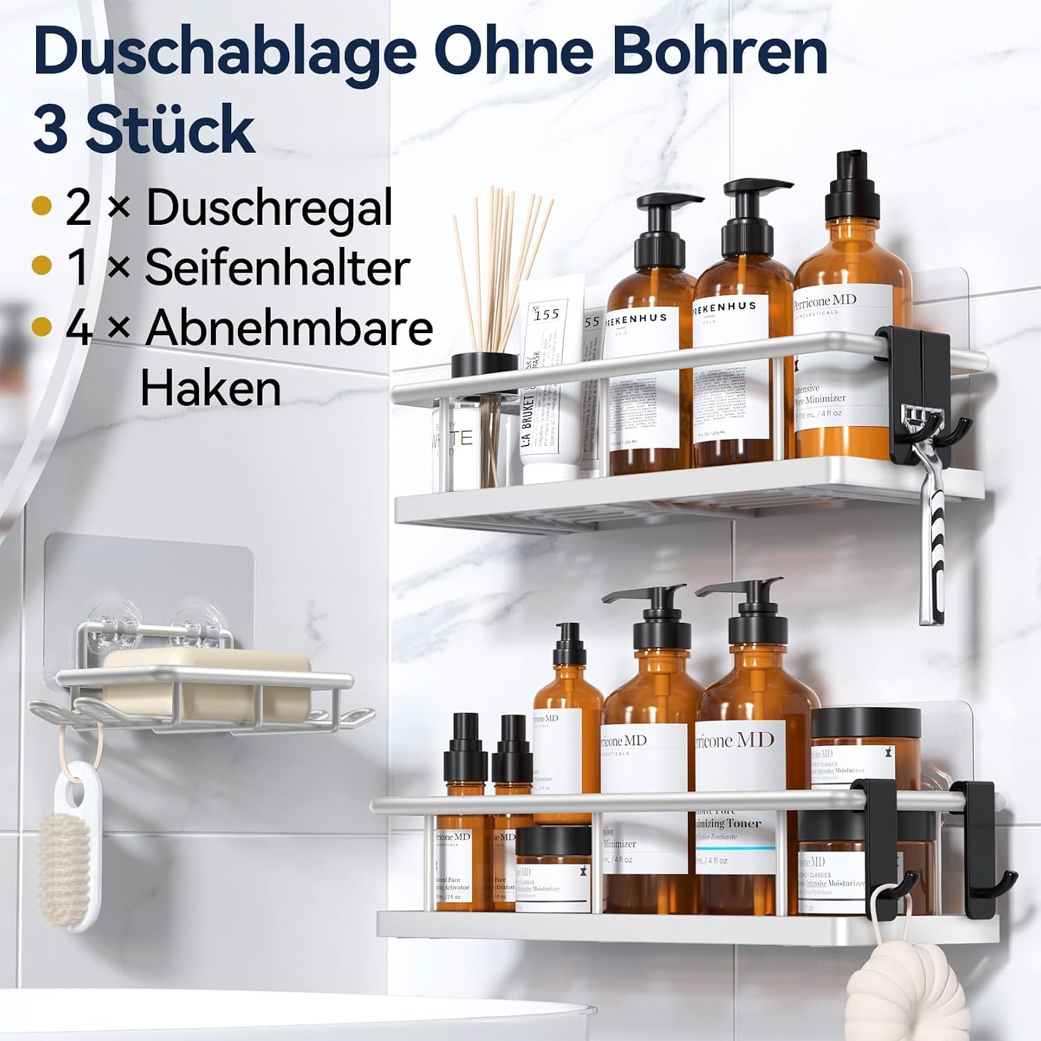 Detalle de YASONIC Duschablage ohne Bohren (3er-Set) – rostfreie Organizer mit 2 Haken, schnell trocknend, Silber