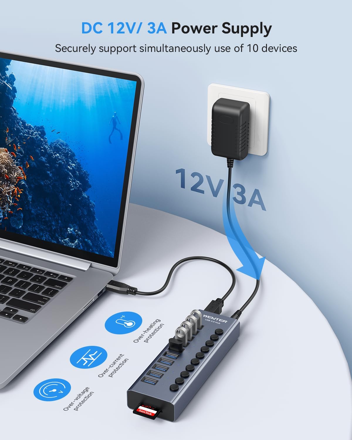 Detalle 2 de WENTER 10 Ports USB Hub 36W