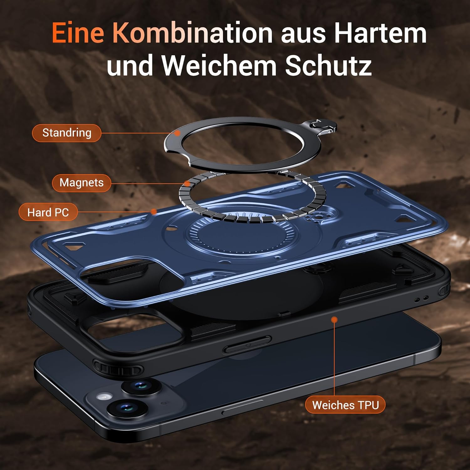 Thumbnail 6 de WYUIC Hülle für iPhone 14/13 mit drehbarem Ring-Ständer – robuste Stoß- und Kratzschutzhülle in Blau