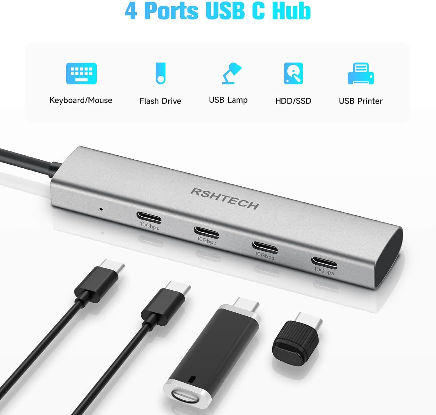 Thumbnail 4 de RSHTECH USB‑C Hub 10 Gbit/s (4‑Port, USB 3.2) RX04 – Ultra slim Aluminium Datenhub