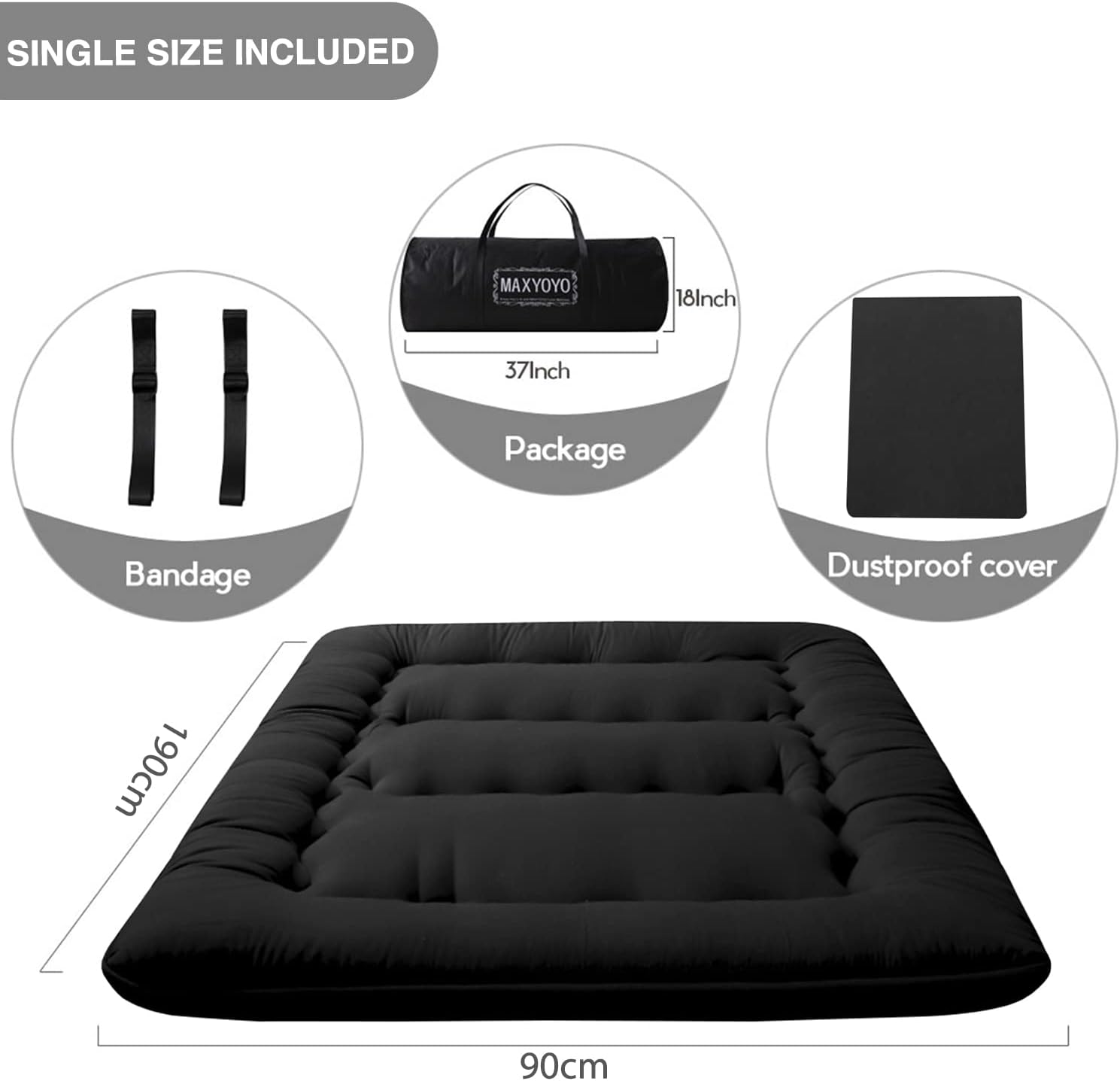 Detalle 2 de MAXYOYO Japanese Floor Mattress Futon Mattress (Single) – foldable roll-up tatami-style sleeping pad in black