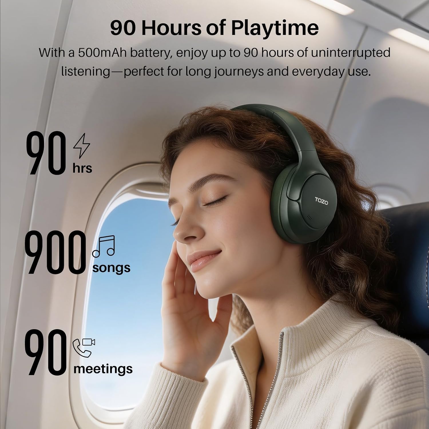 Detalle 1 de TOZO HT3 Hybrid Noise-Canceling Over-Ear Headphones, 90-Hour Battery