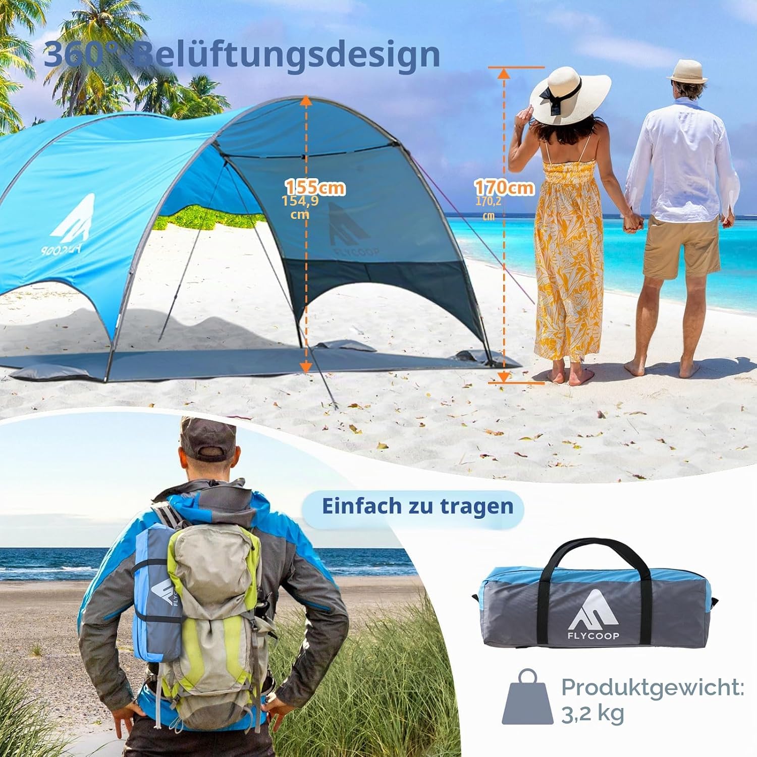 Detalle de Strandmuschel mit UV-Schutz UPF 50+ – Tragbares Beach Canopy (270×165×158 cm) für 3–4 Personen
