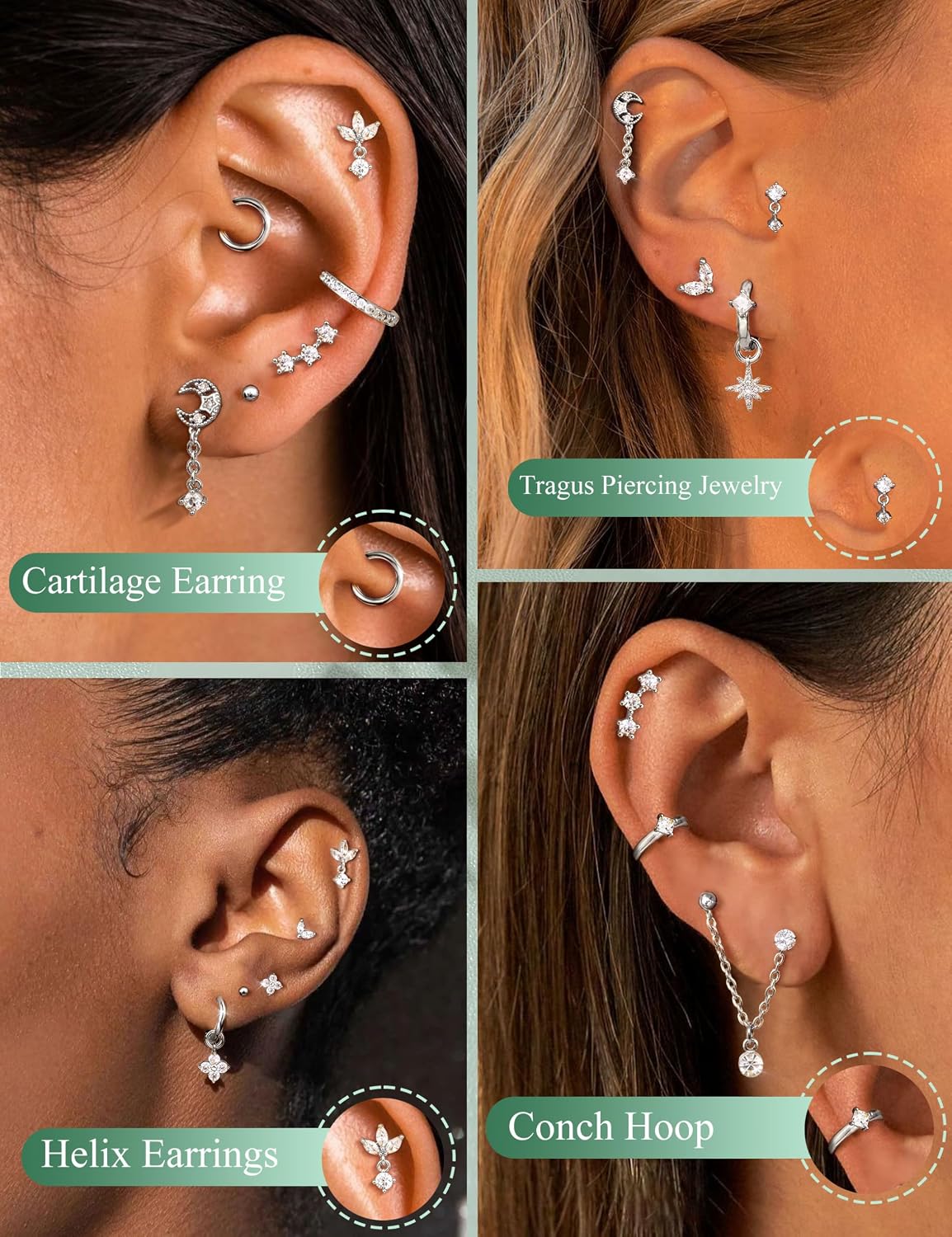 Detalle de MILACOLATO Helix-Piercing Set aus 316L Chirurgenstahl (16 Teile) – Flatback, Tragus, Conch & mehr