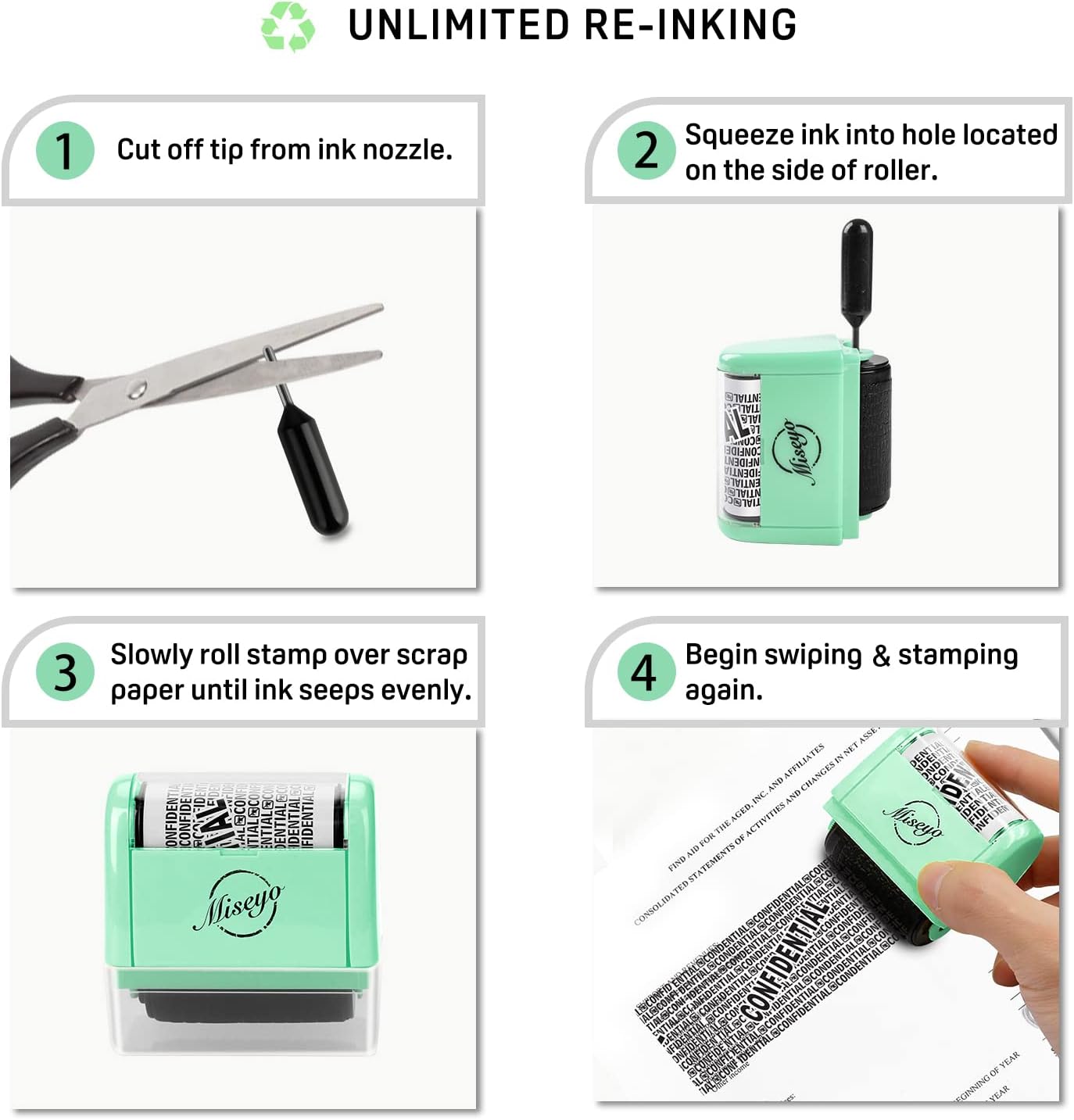 Detalle 2 de Miseyo wide roller stamp for identity theft protection (1.5 inch) – green