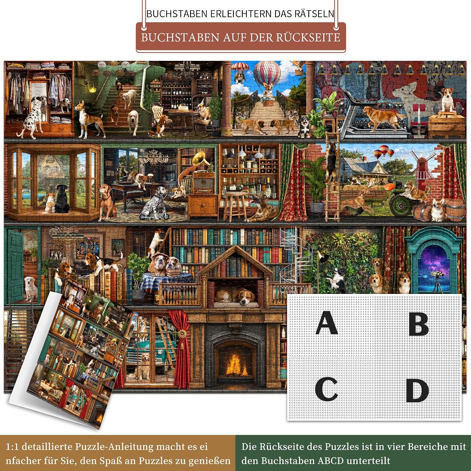 Detalle de HUADADA Puzzle 1000 Teile: Tiere‑Familieninteraktives Puzzle – Hundeleben Theater, 70 × 50 cm