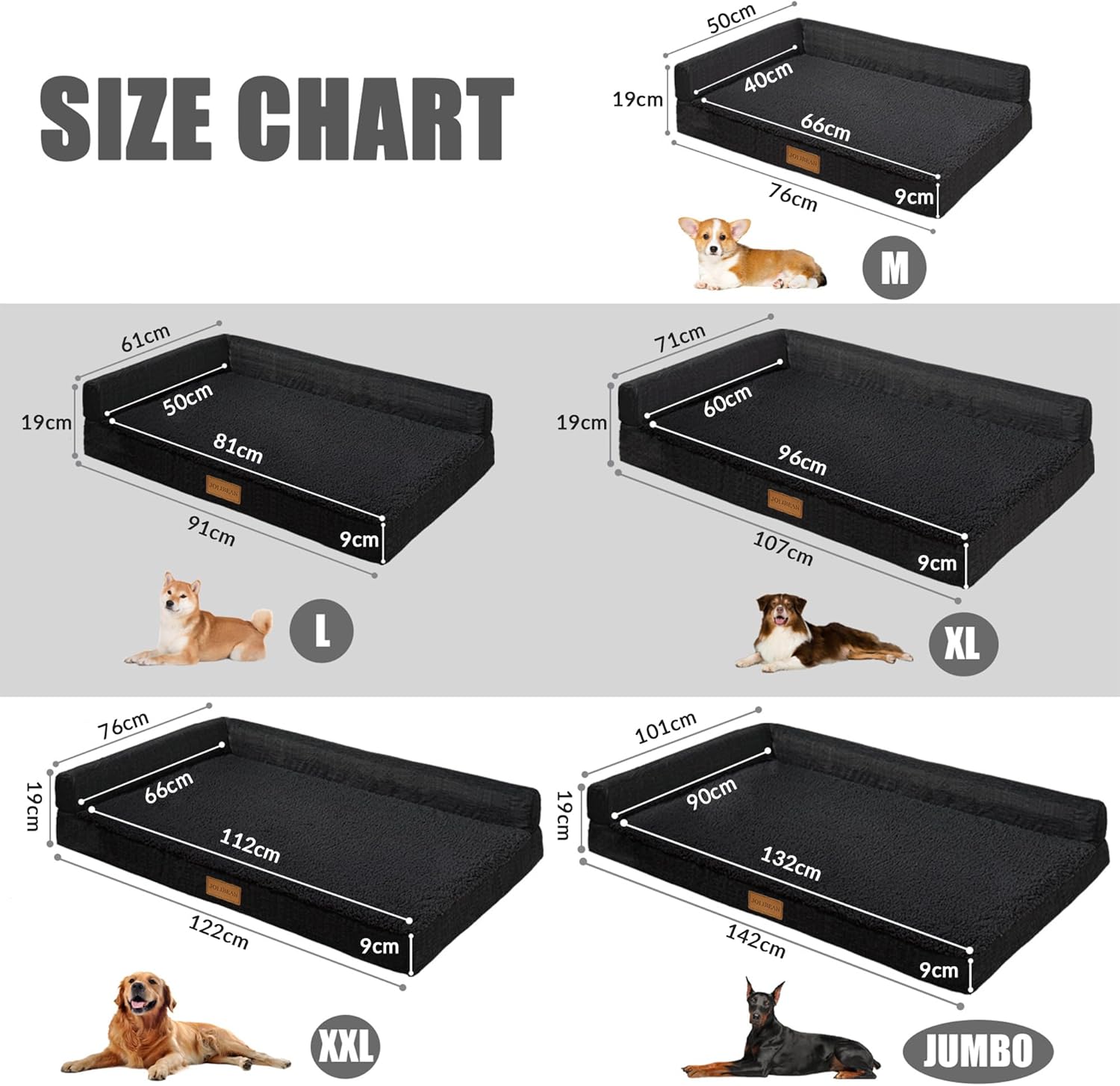 Thumbnail 4 de Jolibean Orthopedic XL Dog Bed 106x71cm – Waterproof L‑Shaped Bolster Sofa Bed
