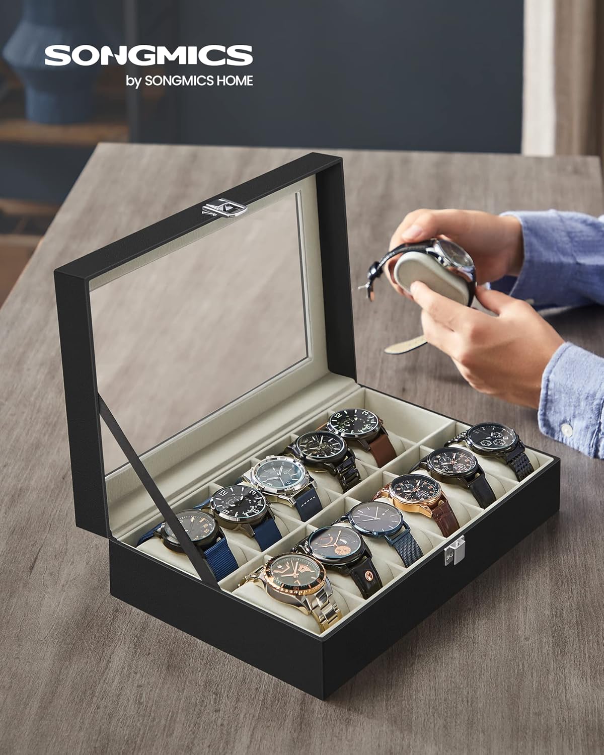 Detalle de SONGMICS Scatola Porta Orologi con 12 Scomparti – Cofanetto elegante con coperchio in vetro e fodera in velluto beige