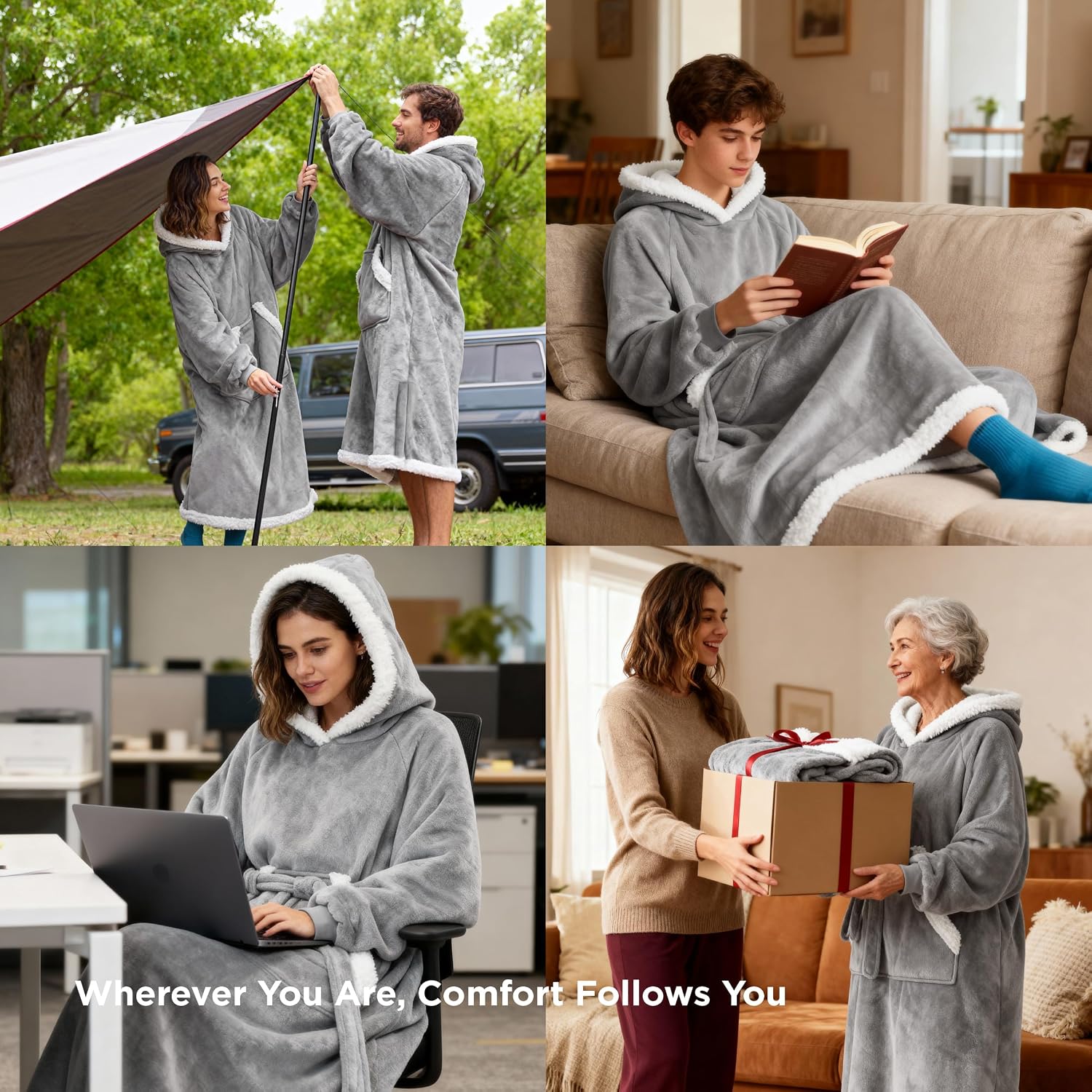 Thumbnail 6 de Bedsure Long Sherpa Wearable Blanket Hoodie, Gray Standard with Belt and Pockets