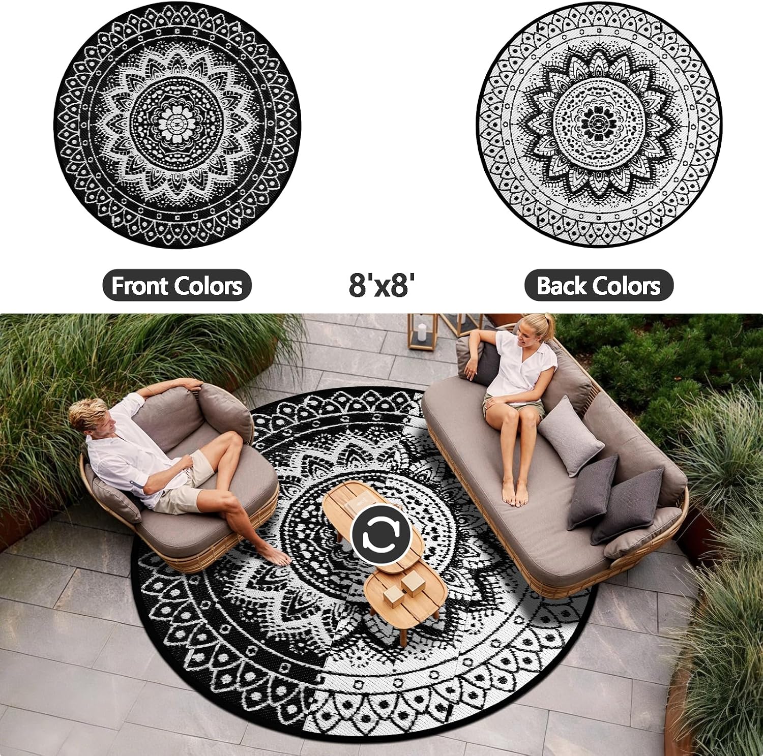 Detalle de VSIWB 240cm Round Outdoor Rug – Reversible Boho Pattern, Waterproof & Foldable