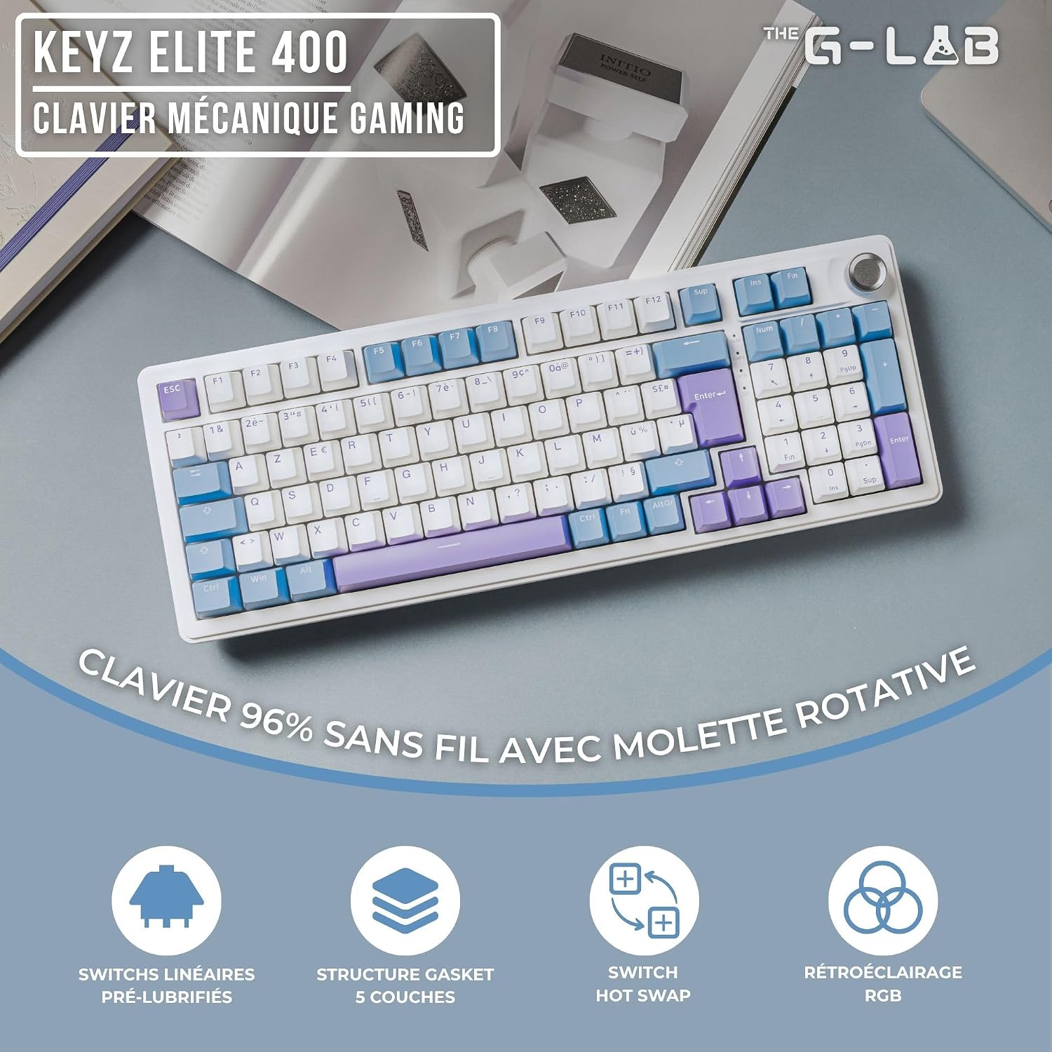 Thumbnail 2 de The G-Lab KEYZ Elite 400 WB — clavier gamer mécanique sans fil tri-mode AZERTY FR (2,4 GHz/Bluetooth/filiaire), hot swap, RGB + macros