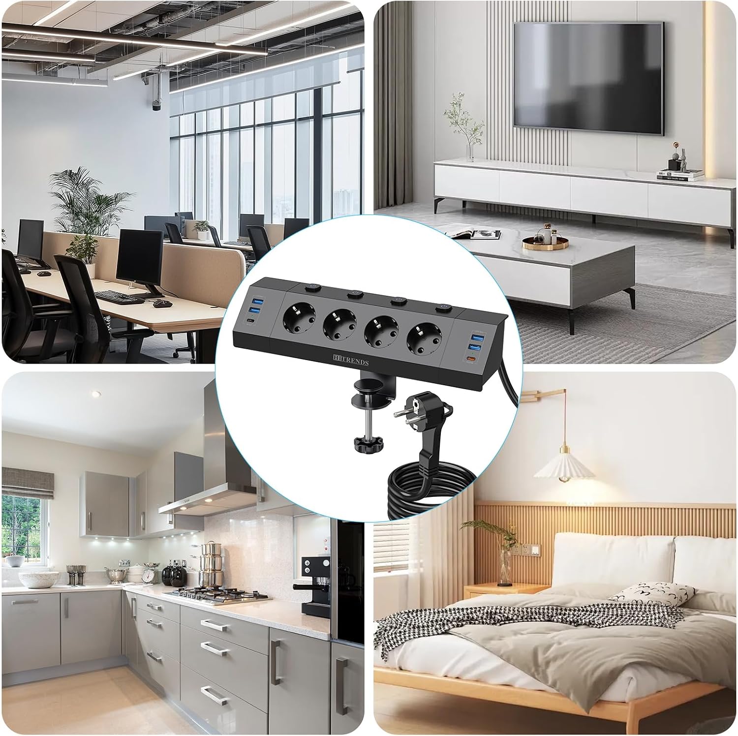 Thumbnail 6 de HITRENDS 4 Prises de Table-Noir tafelstopcontact met 4 stopcontacten en 6 USB-poorten