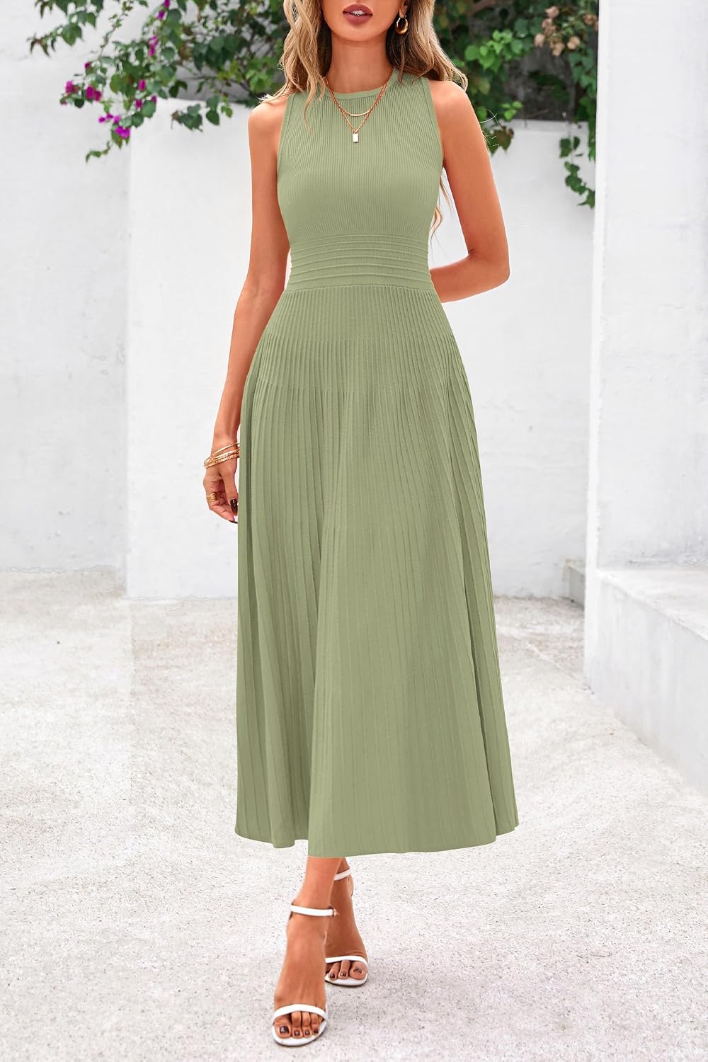 Detalle de PRETTYGARDEN PR930 Women's Pleated Knit Midi Dress, Sleeveless A-Line