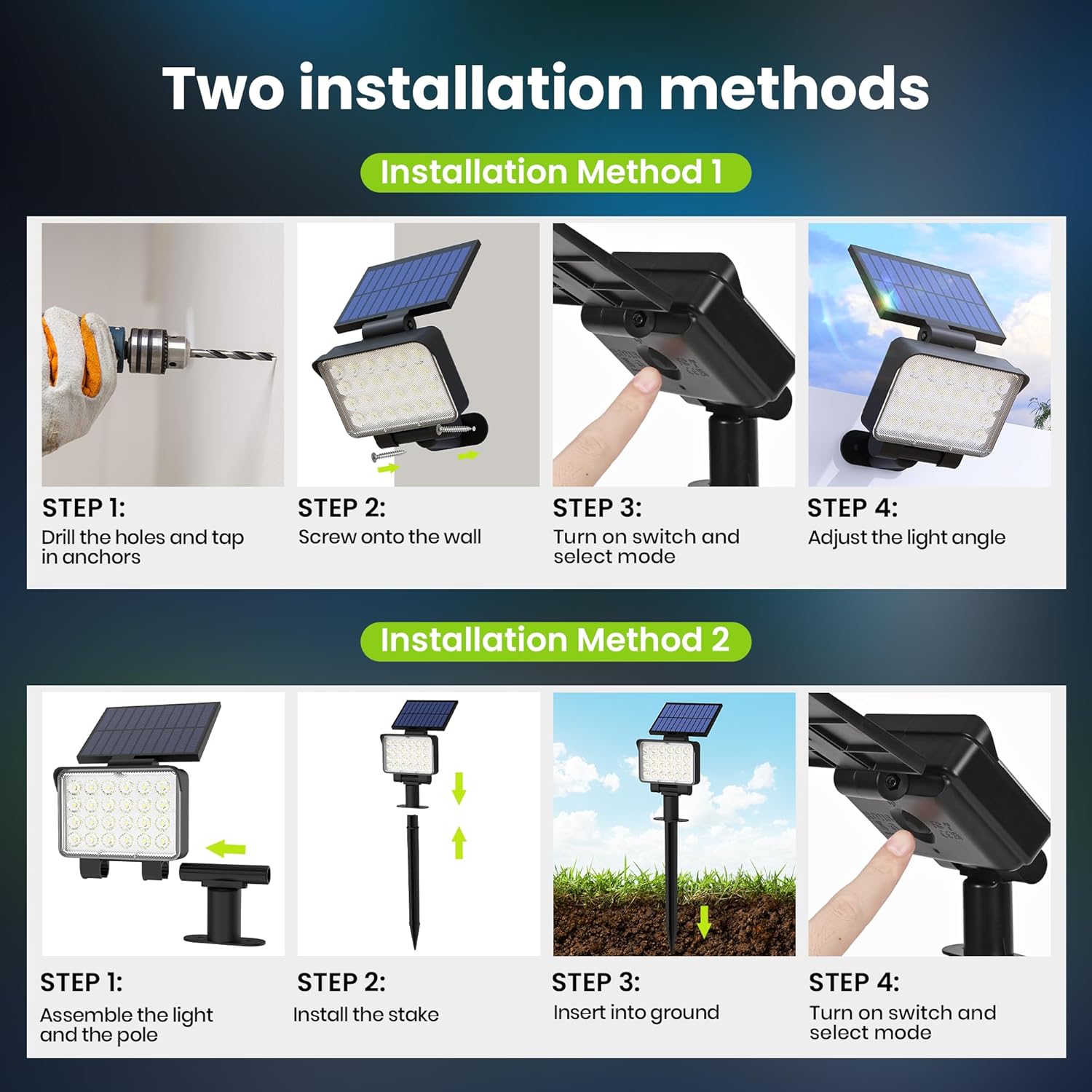 Thumbnail 6 de Solpex Solar Spot Lights Outdoor Garden (4 Pack) – IP65, 24 LEDs, 180° Panel, 3 Brightness Modes