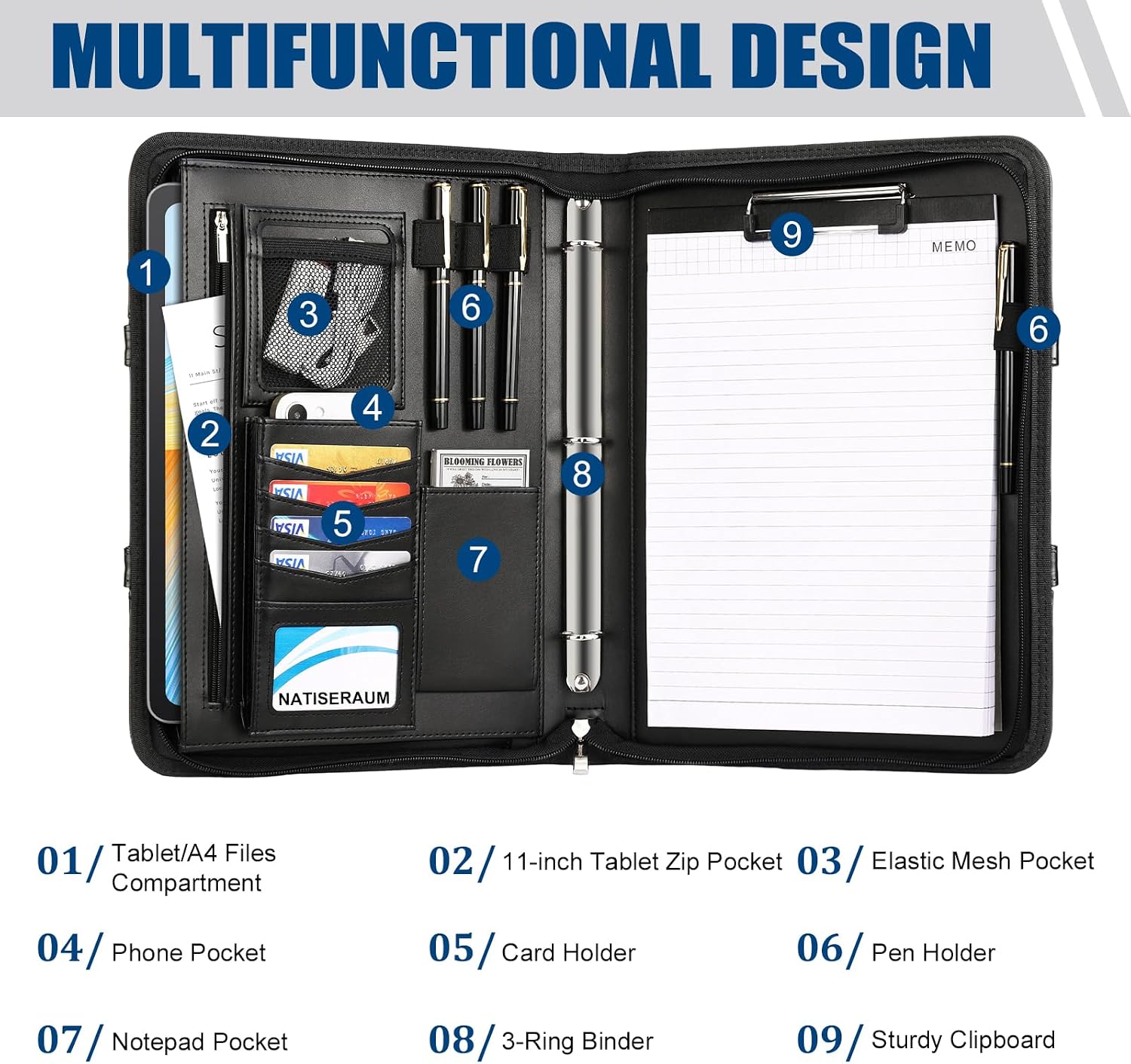 Detalle 1 de NATISERAUM MHG0603-3 Vegan Leather Padfolio with Handle and 3-Ring Binder