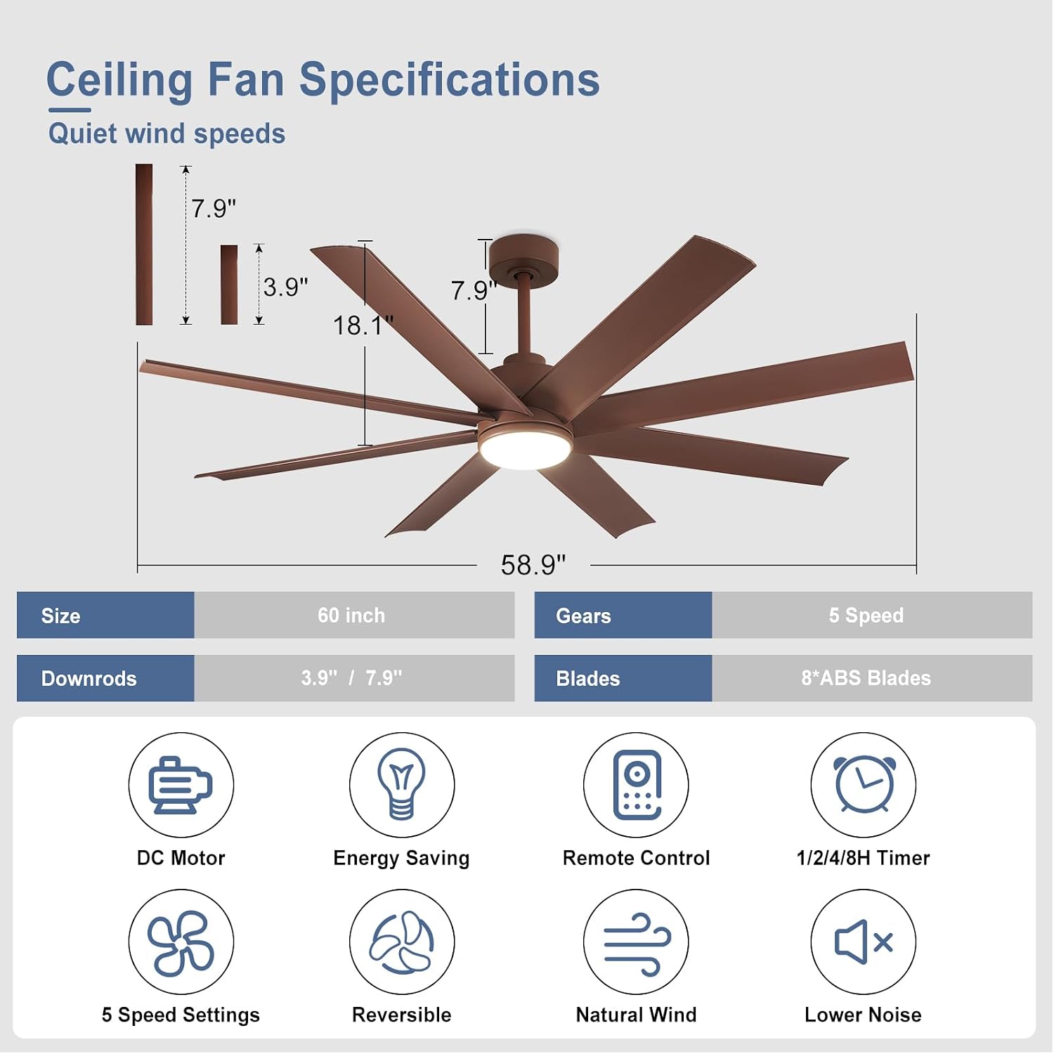 Detalle 1 de BvenuBigLite WS-FPZ60-8-BR 60-Inch Farmhouse Ceiling Fan with Light