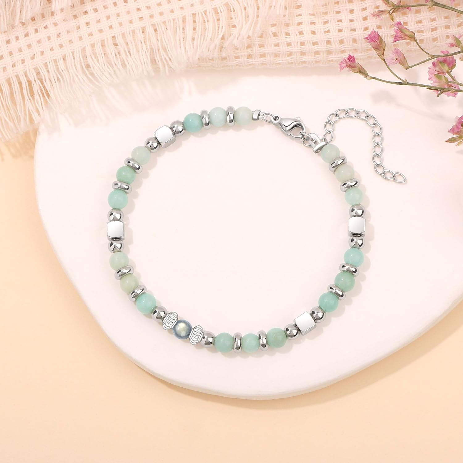 Detalle de Joycuff Gifts for Women Moonstone Bracelet with Amazonite and Stainless Steel Beads