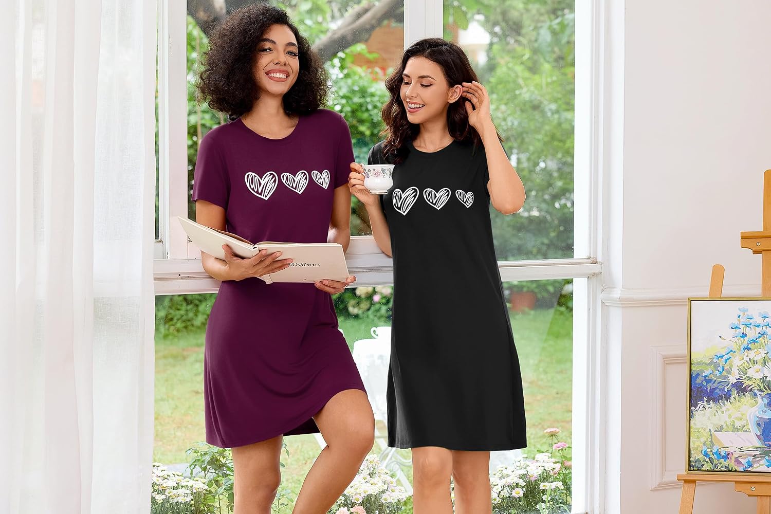 Detalle 2 de Marvmys 2er Nachthemd Damen Kurzarm Schlafshirt – Baumwolle mit Herz-Print