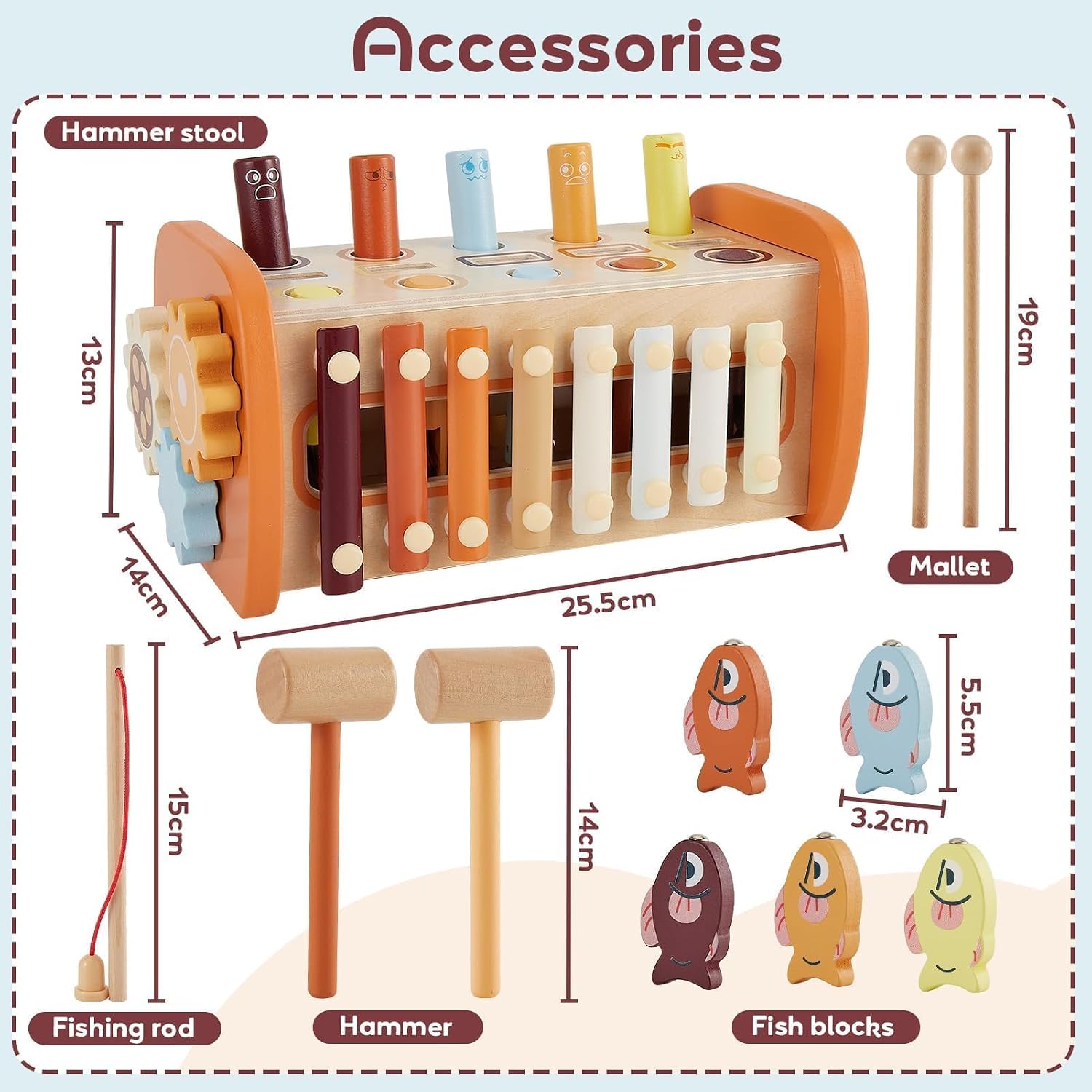 Thumbnail 4 de HYAKIDS 6-in-1 Montessori Wooden Hammer Bench for Toddlers