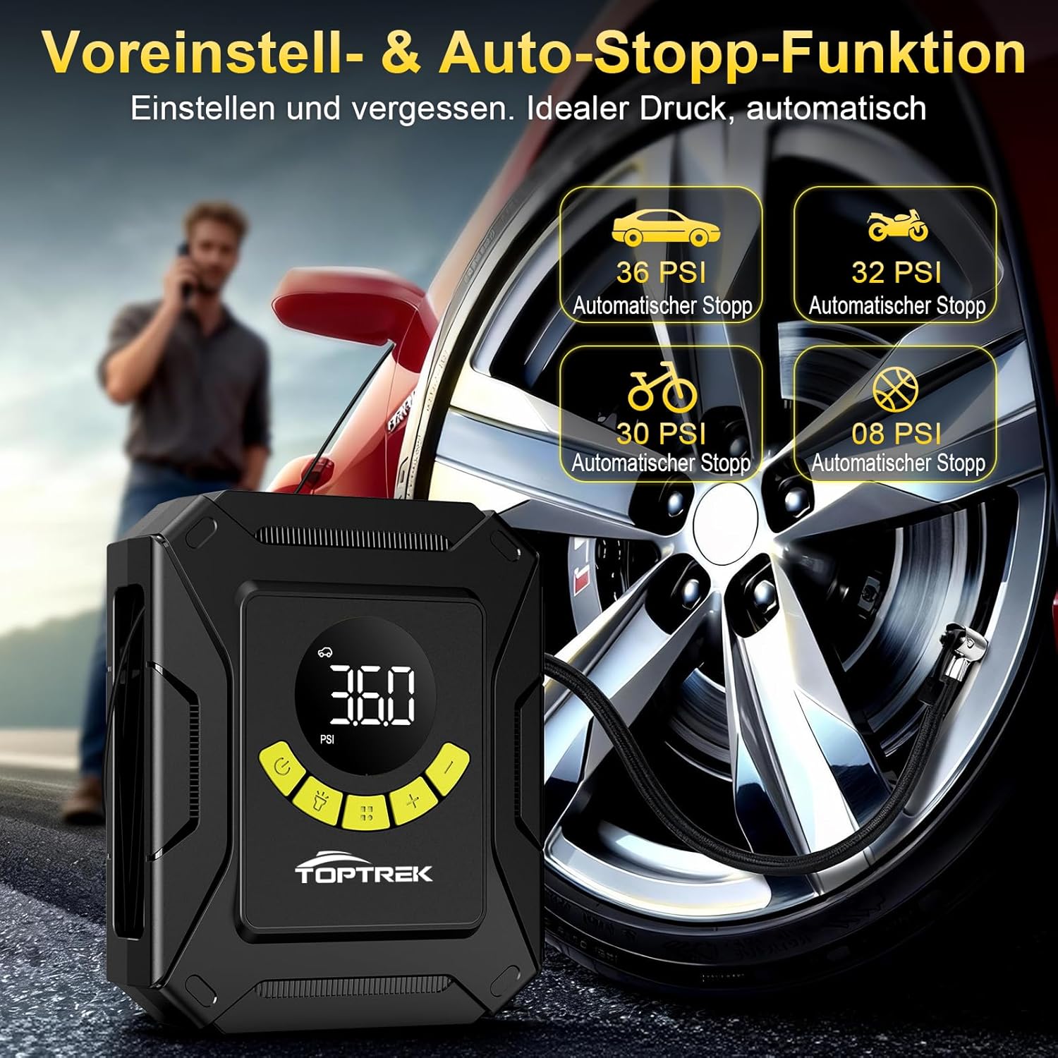 Thumbnail 4 de toptrek Kompressor Auto 12V DC – Autoreifen Pumpe bis 10,3 bar mit großem LCD-Display