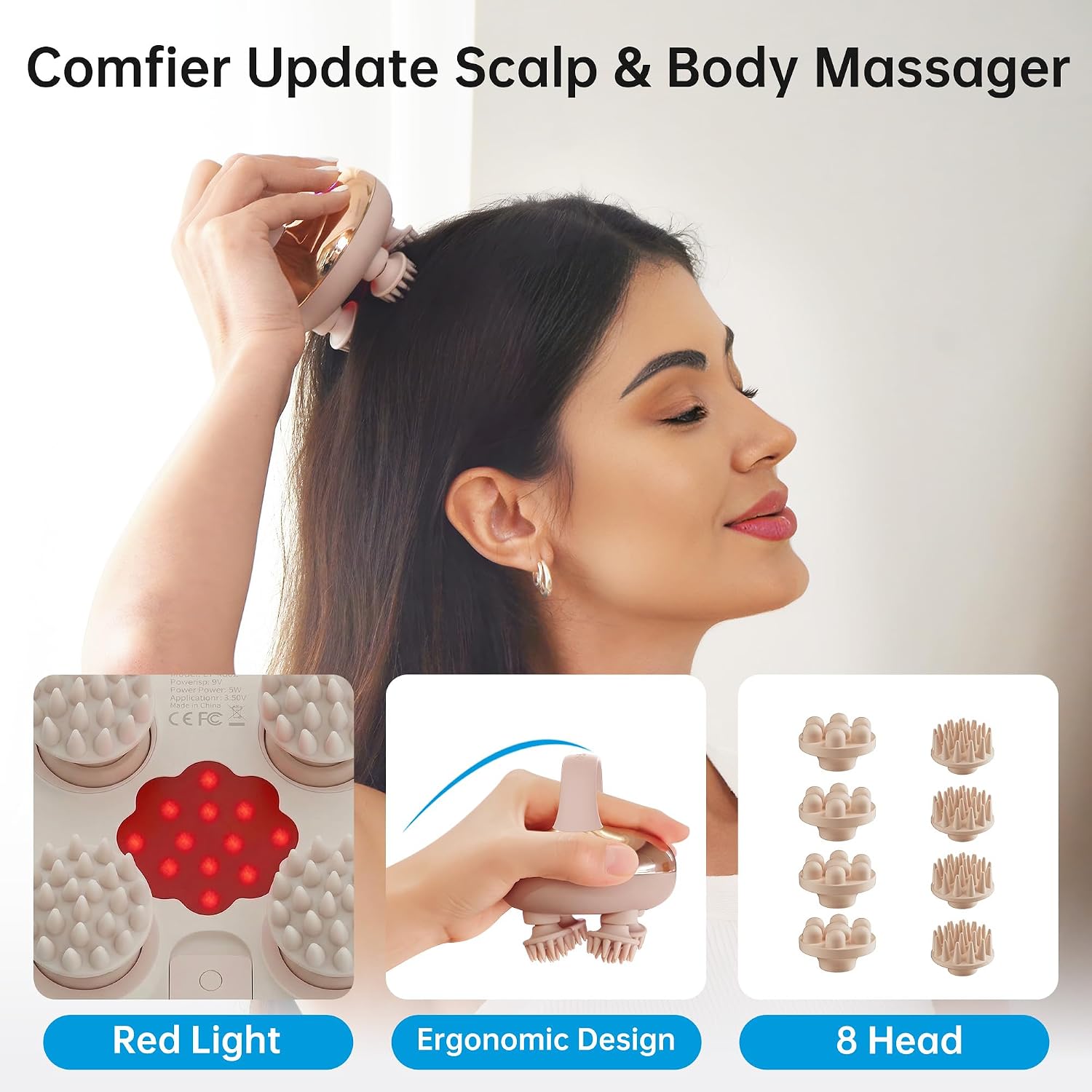 Detalle de COMFIER elektrisches Kopfmassagegerät mit Rotlicht, IPX7, 8 Massageköpfen & 3 Modi (Golden)