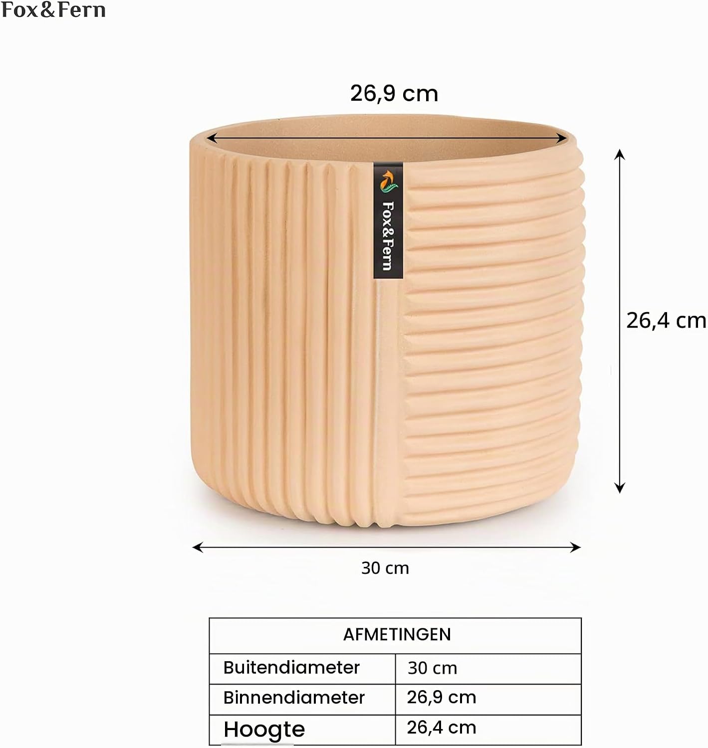 Detalle 1 de Fox & Fern PP-ROUND-POLY-L-MW bloempot, zandkleur met lijnstructuur en afvoer