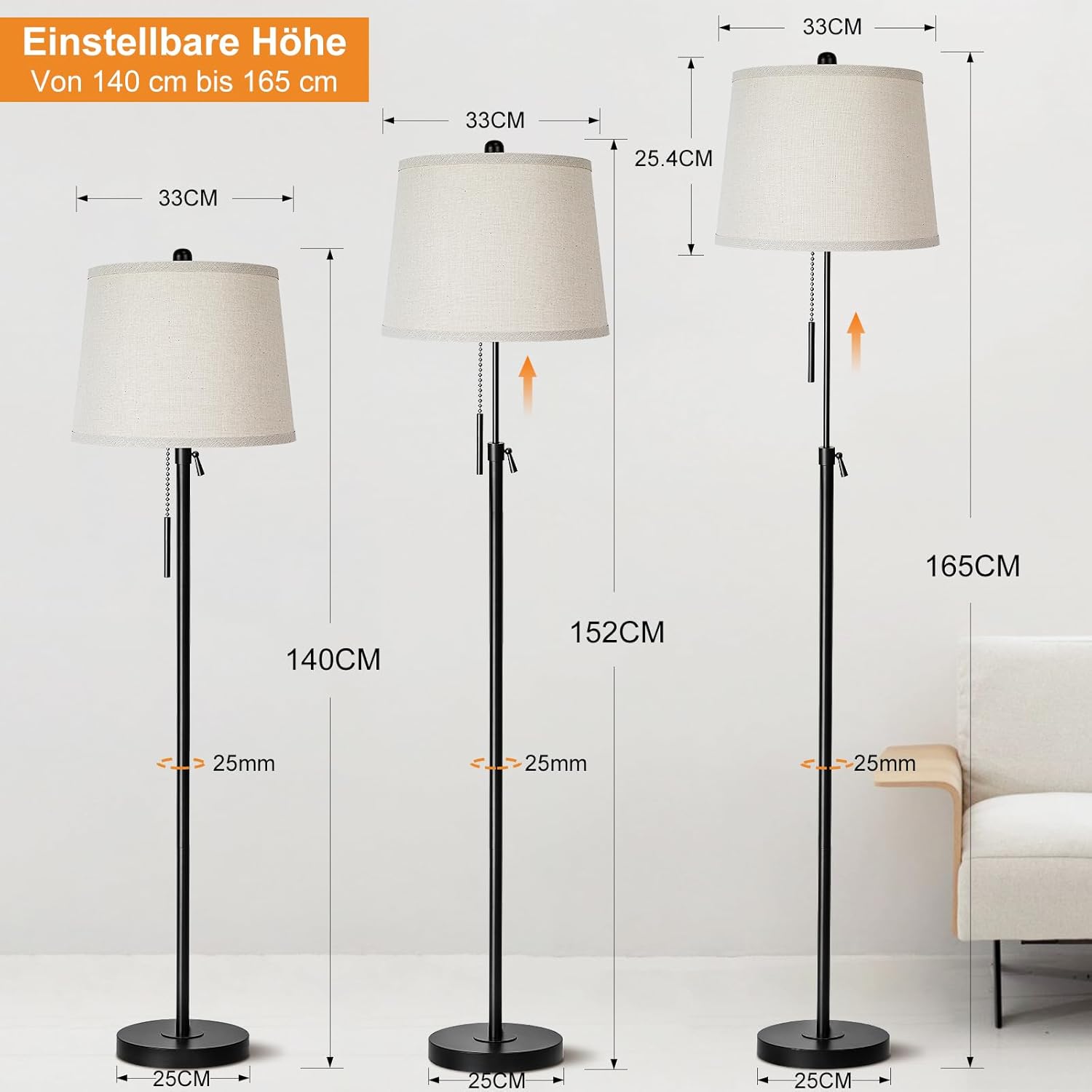 Detalle de Qingmiao Stehlampe Wohnzimmer Modern – höhenverstellbar, Stoffschirm, 3 Farbtemperaturen, E27