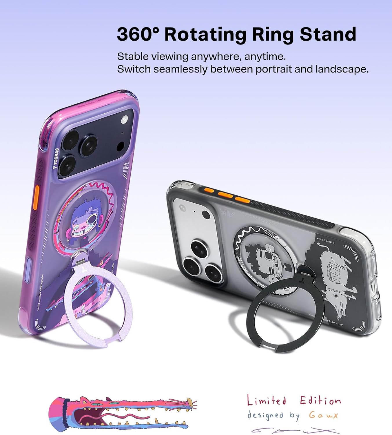 Detalle de TORRAS Ostand Q3 Air GAWX Limited Edition for iPhone 17 Pro Max case with 360° rotating ring stand