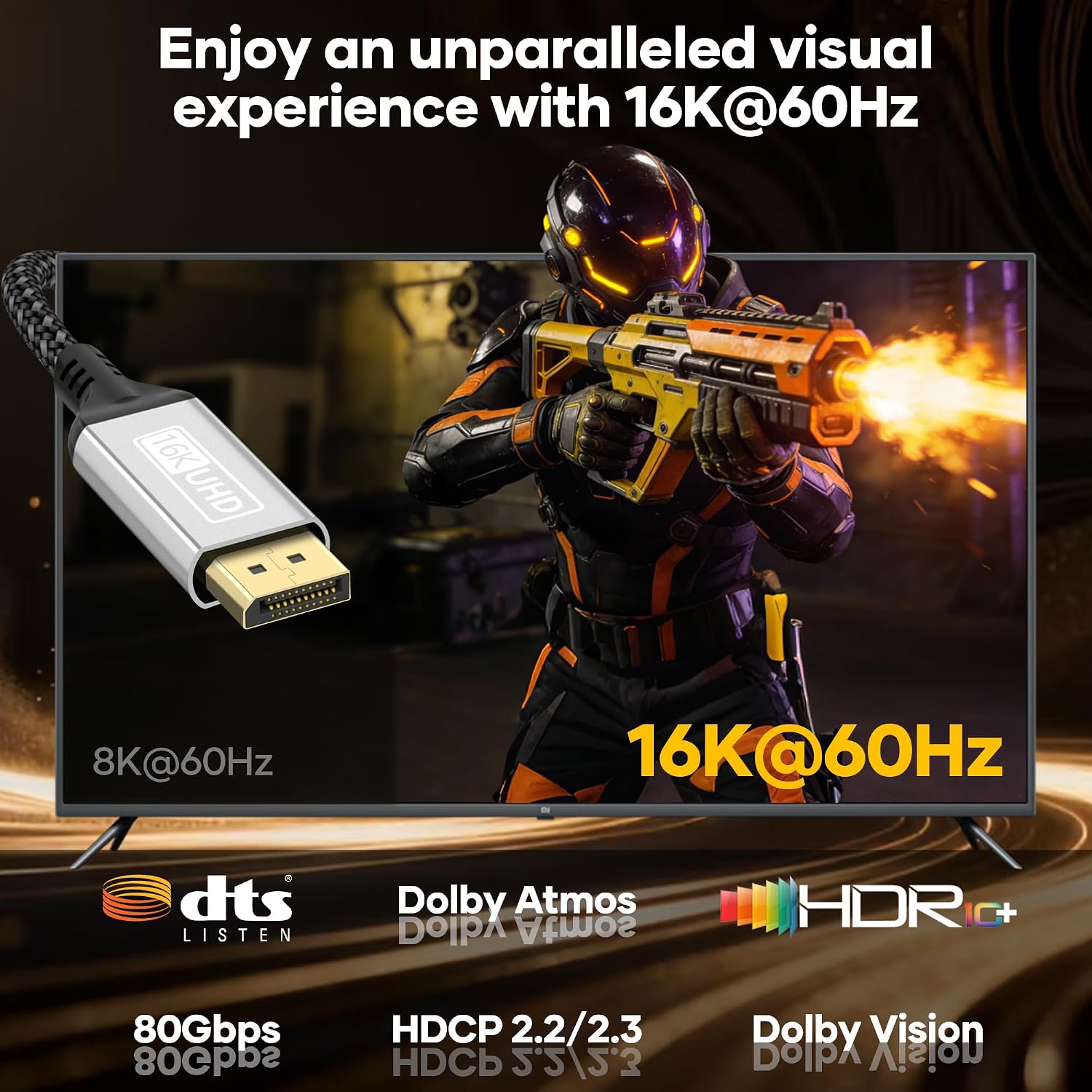 Detalle de 16K DisplayPort 2.1 Cable (1m) – 80Gbps, HDR, DSC 1.2a, HDCP 2.2