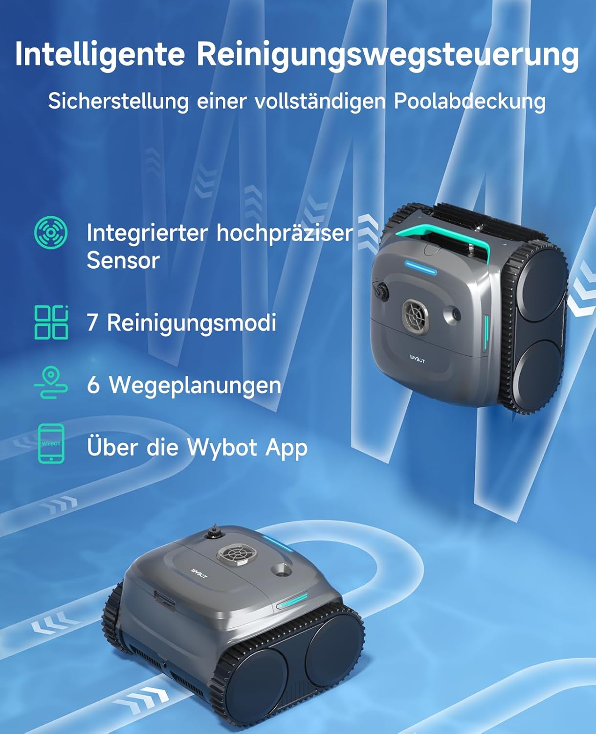 Detalle 2 de WYBOT C2 Poolroboter Akku Boden und Wand – 3‑Fach Motor, Doppelfiltration, App‑Steuerung