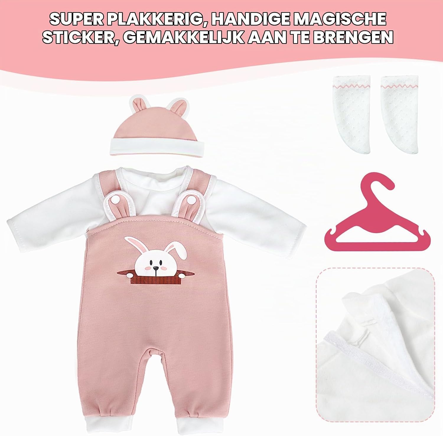 Thumbnail 4 de Aolso poppenkledingset voor babypoppen van 35-45 cm met roze konijnenhoed